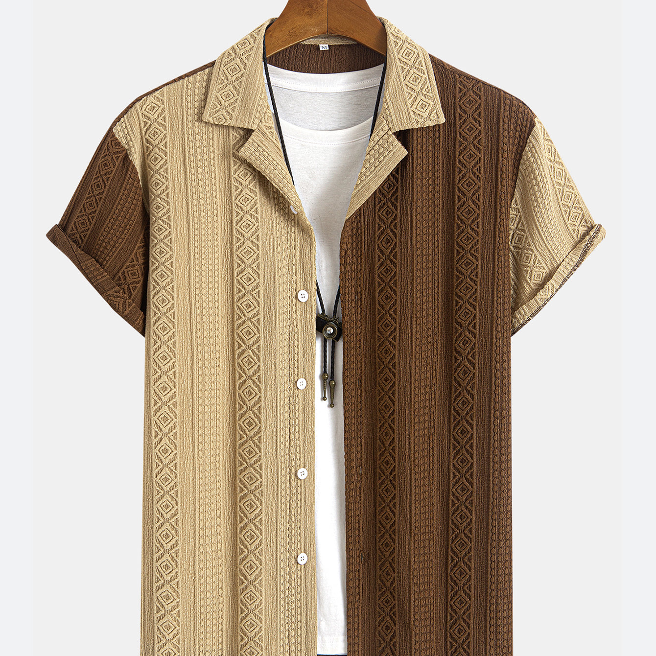 Retro Textured Color-Block Camp Collar Shirt