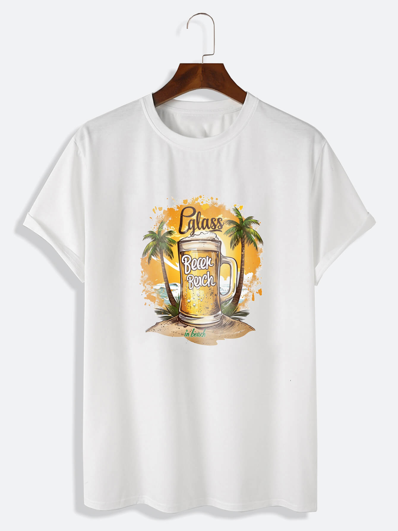 100% Cotton Hawaiian T-Shirt Beach Beer Print Short Sleeve