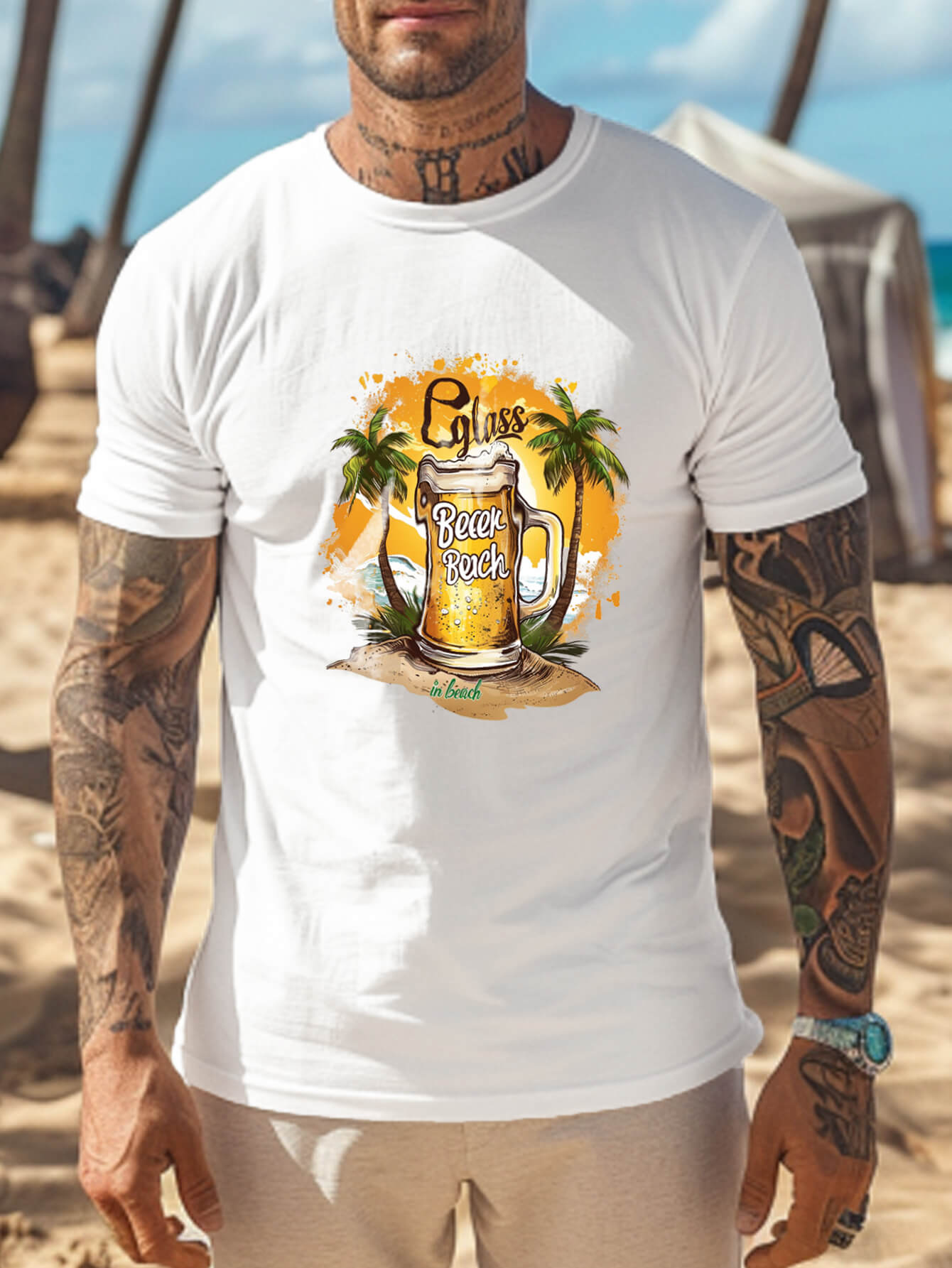 100% Cotton Hawaiian T-Shirt Beach Beer Print Short Sleeve