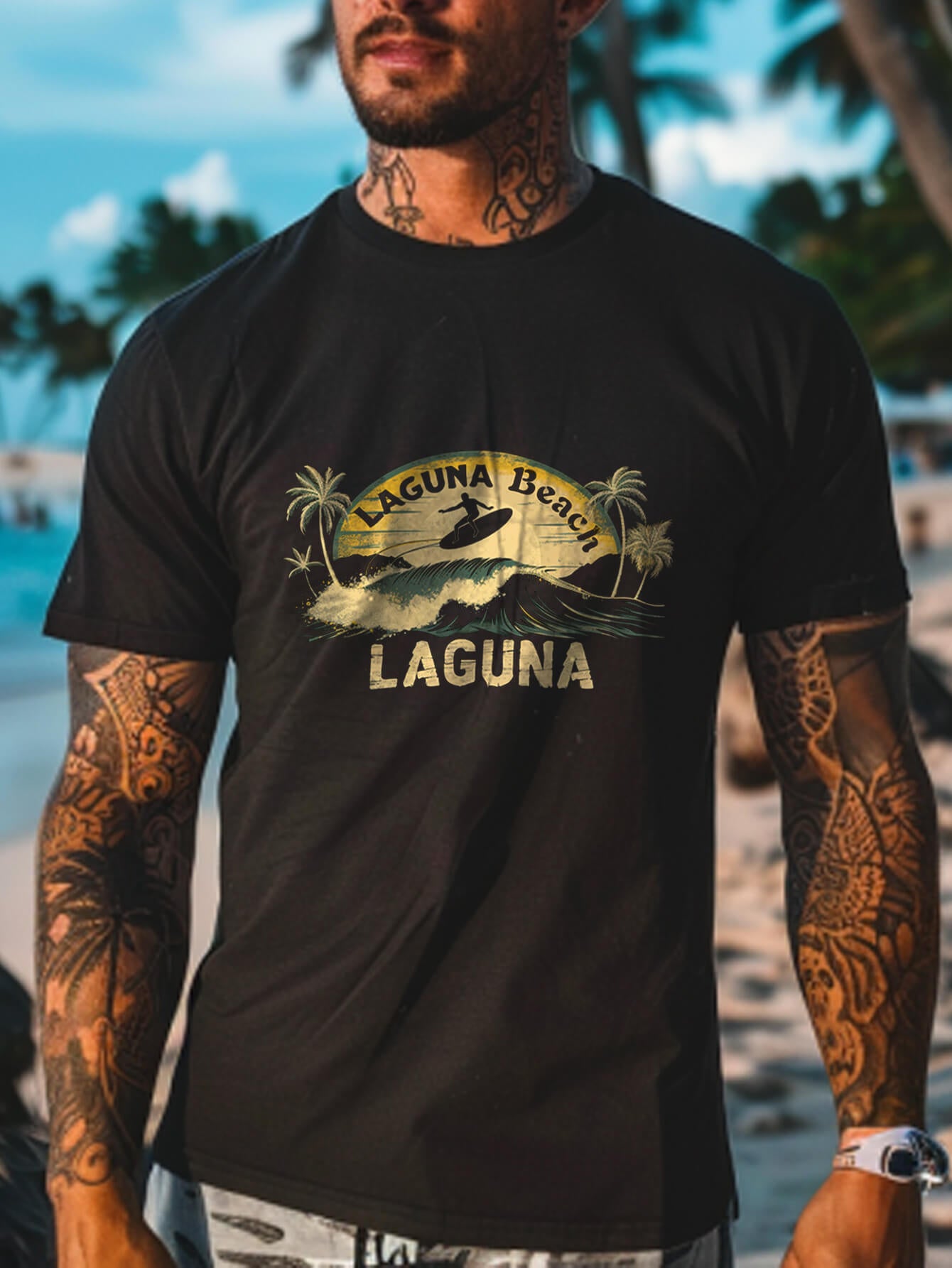 100% Cotton Hawaiian T-Shirt Beach Surfer Print Short Sleeve