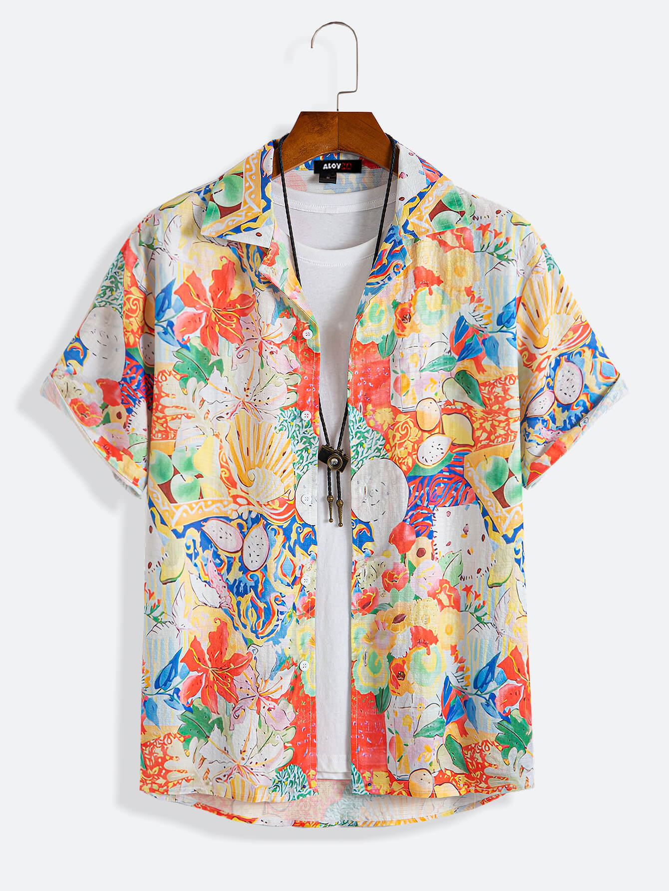 1970s Men's Vintage Hawaiian Shirt Floral Fruit Ocean Print Camp Collar Shirt