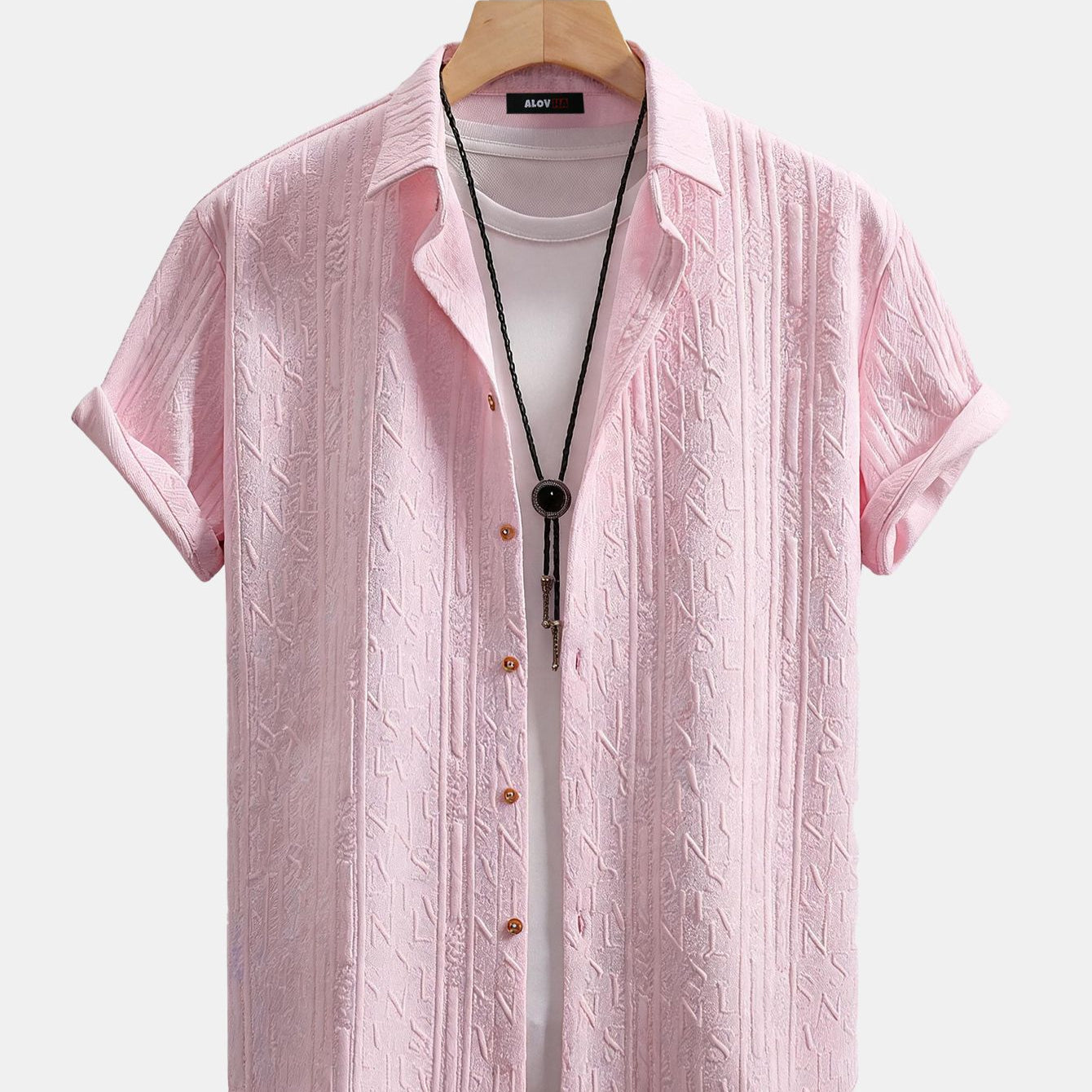 Embossed Stripe Texture Cuban Collar Short Sleeve