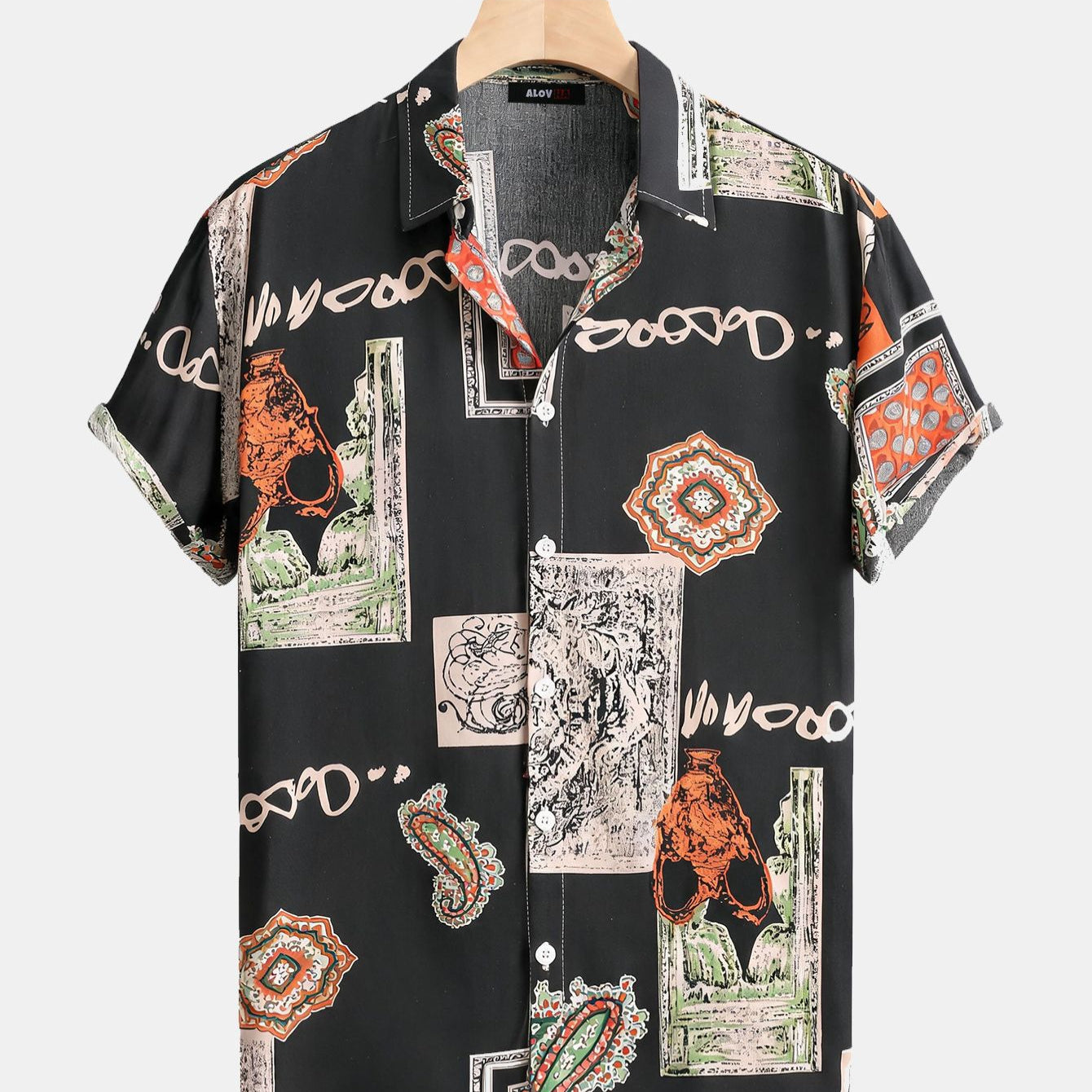Vintage Ethnic Patchwork Print Short Sleeve Shirt