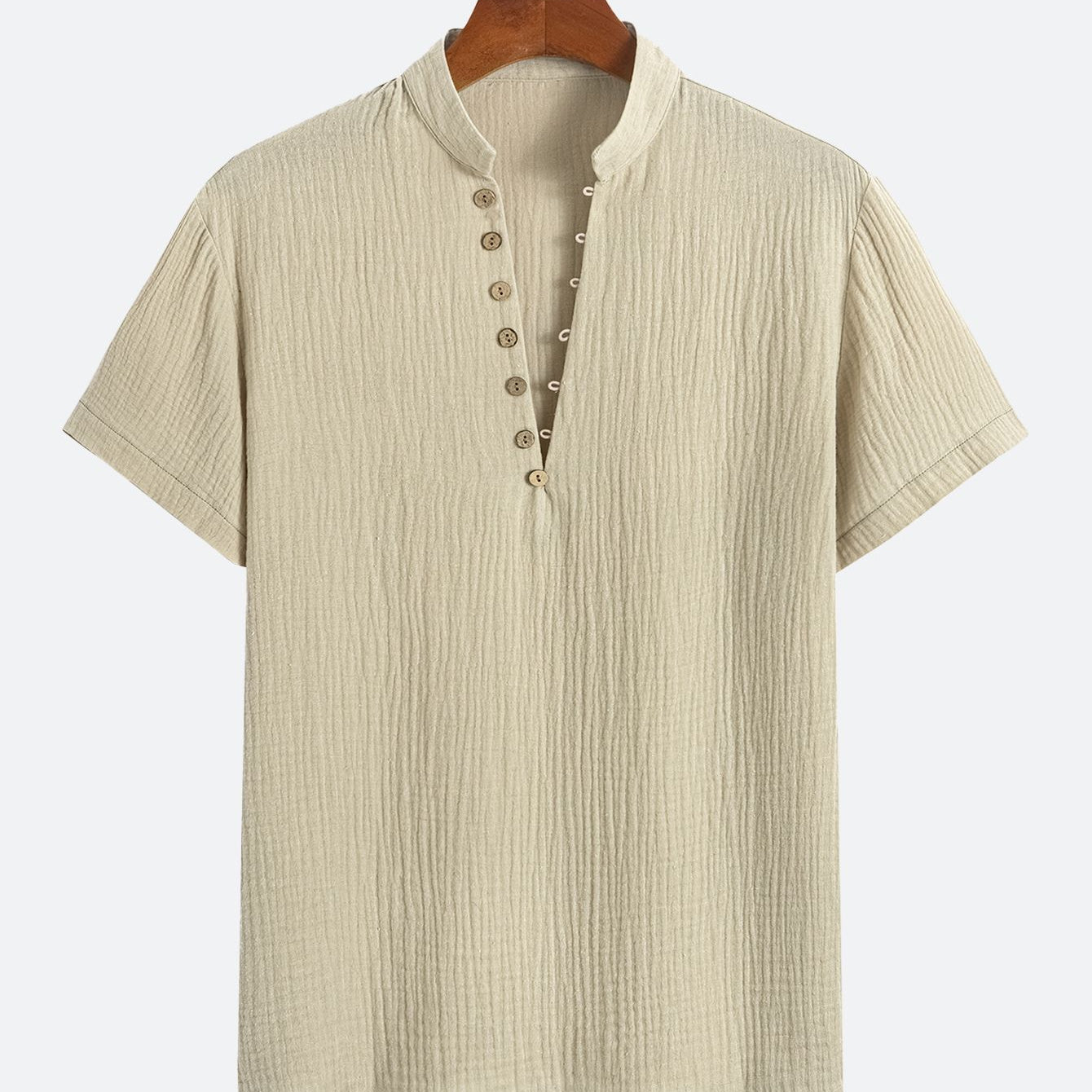 Henley Collar Textured Basic Khaki T-shirt