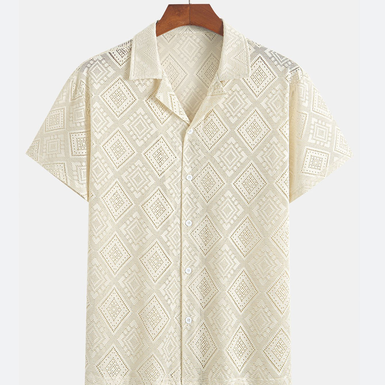 Hollowed-out Diamond Pattern Texture Casual Beige Shirt