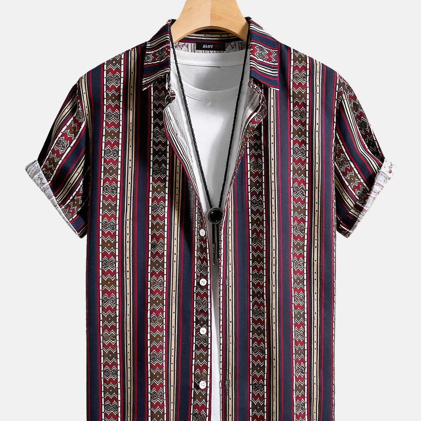 Ethnic Striped Print Short Sleeve Shirt