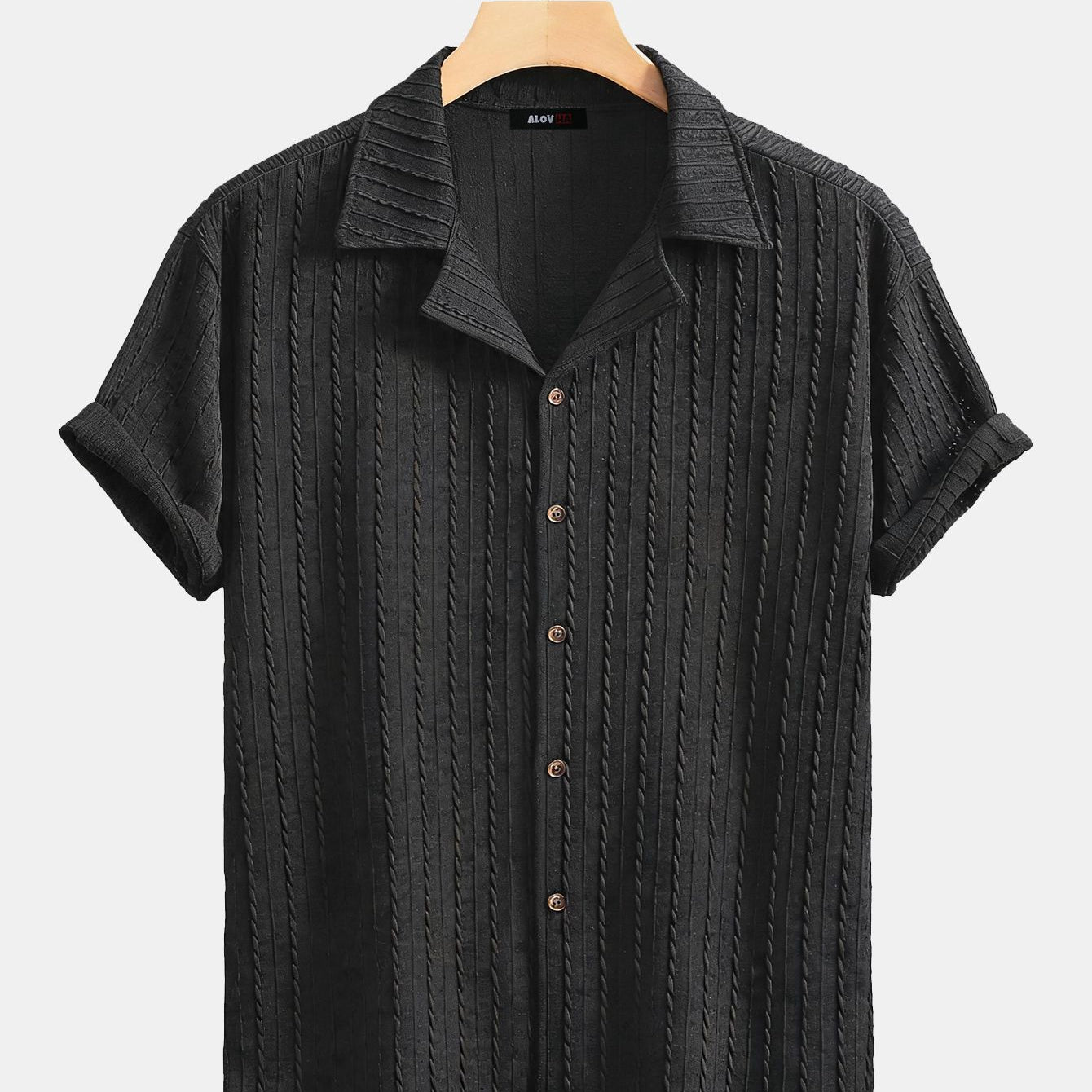 Vertical Stripe Texture Cuban Collar Short Sleeve Shirt