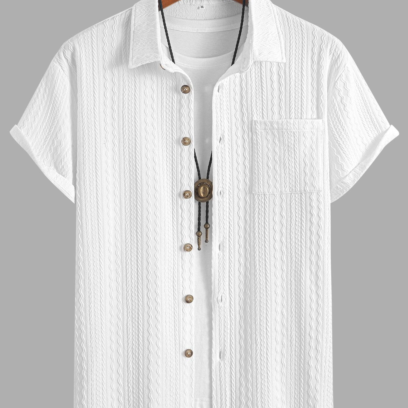 Summer Lapel Solid Wavy Jacquard Casual Shirt