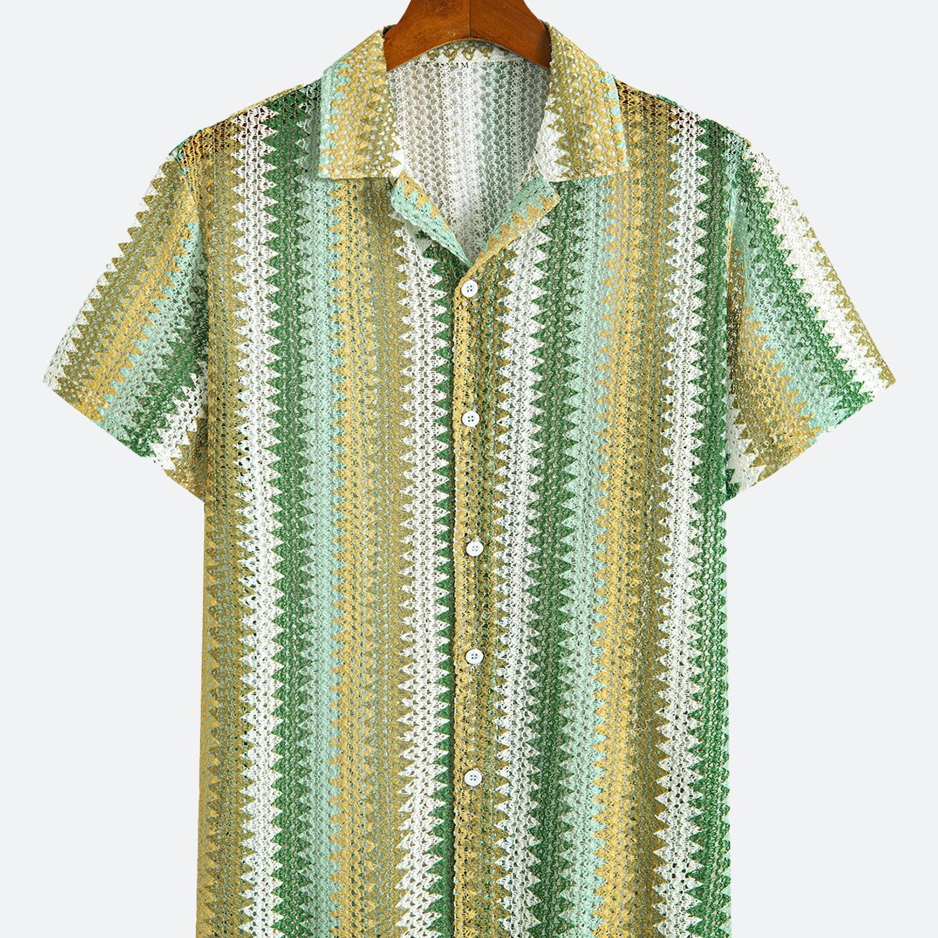 Gradient Striped Openwork Casual Sleeved Shirt
