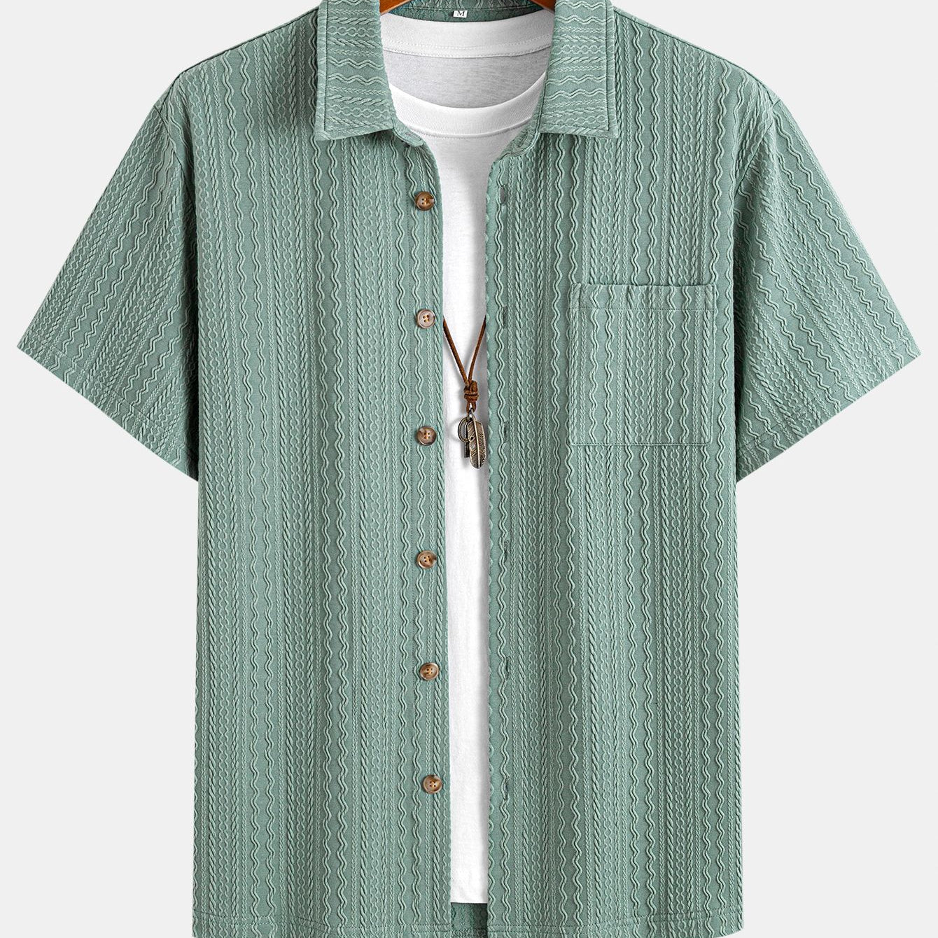Summer Lapel Solid Wavy Jacquard Casual Shirt