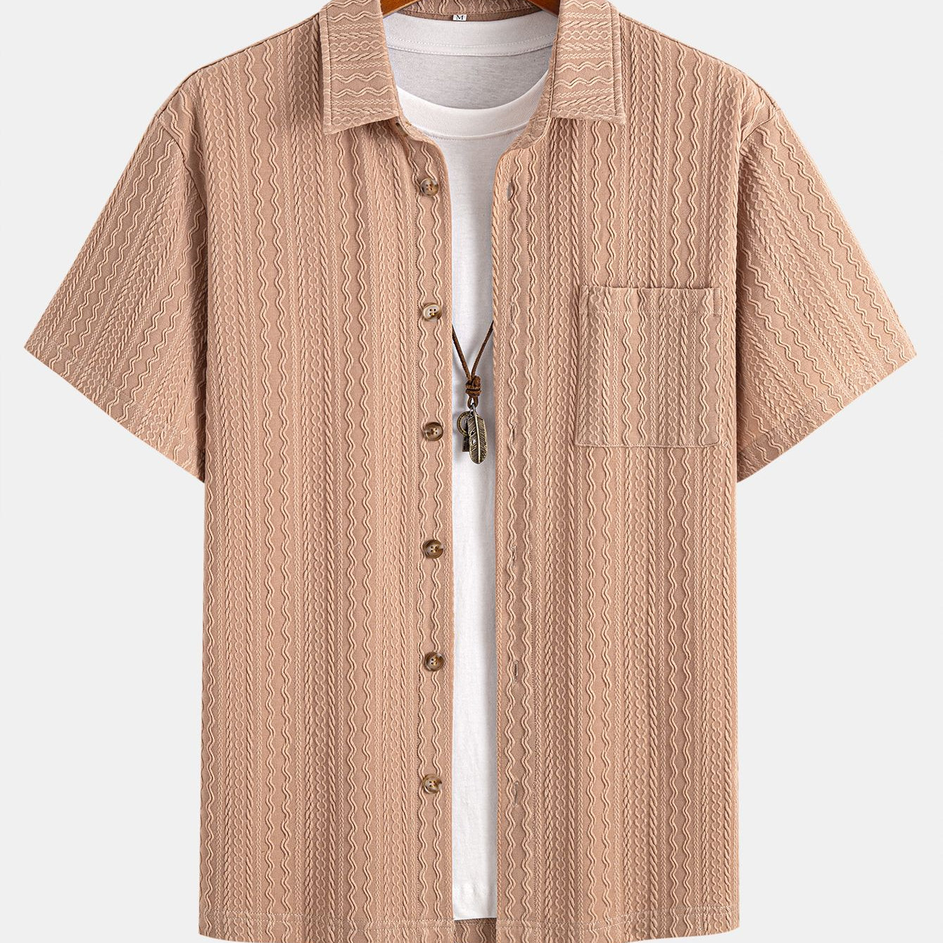 Summer Lapel Solid Wavy Jacquard Casual Shirt