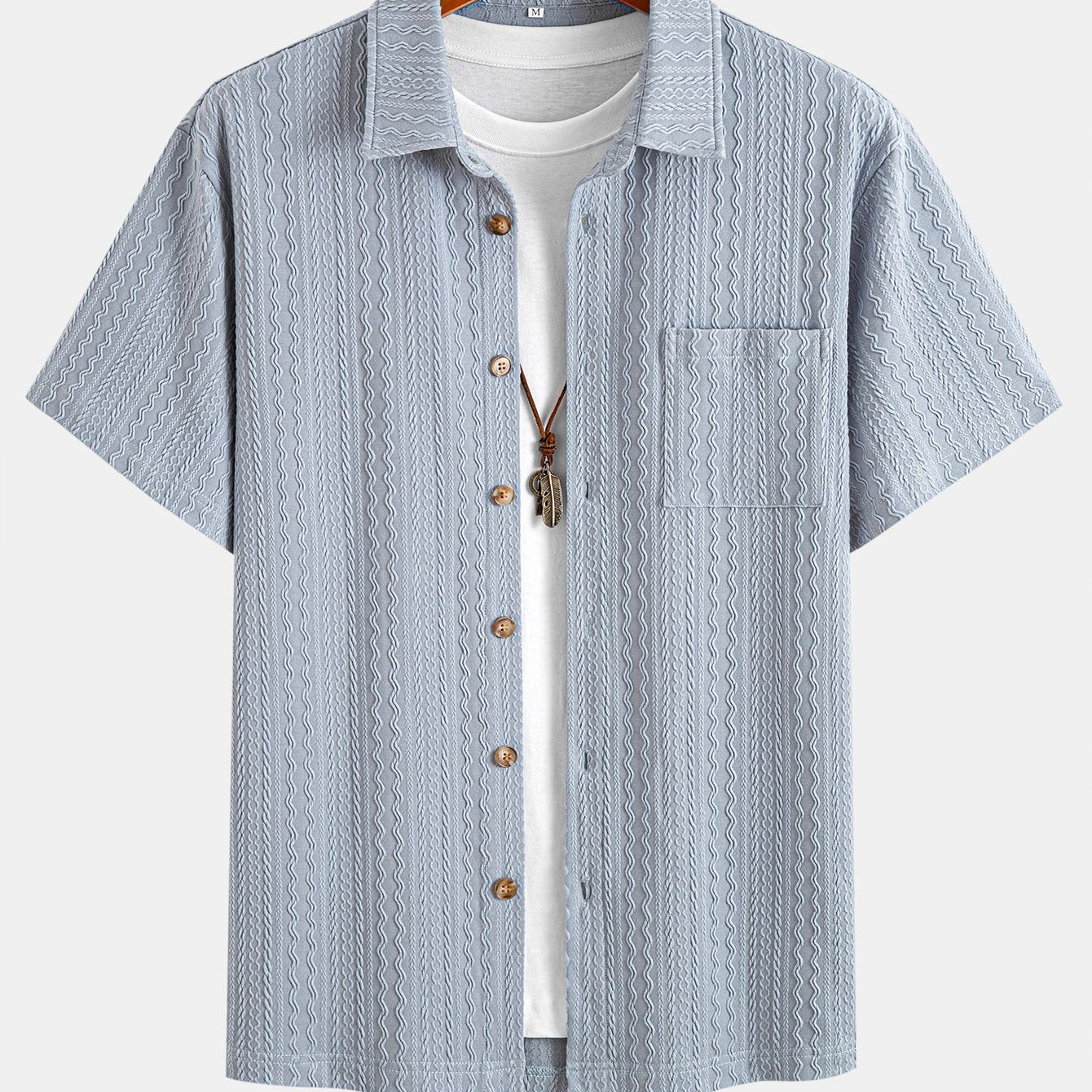 Summer Lapel Solid Wavy Jacquard Casual Shirt