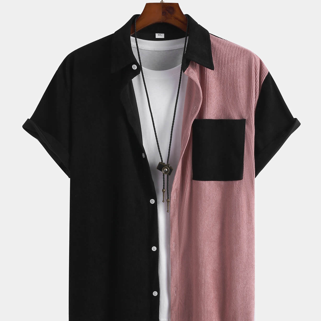 Mens Corduroy Patchwork Short Sleeve Button Up Collared Shirt