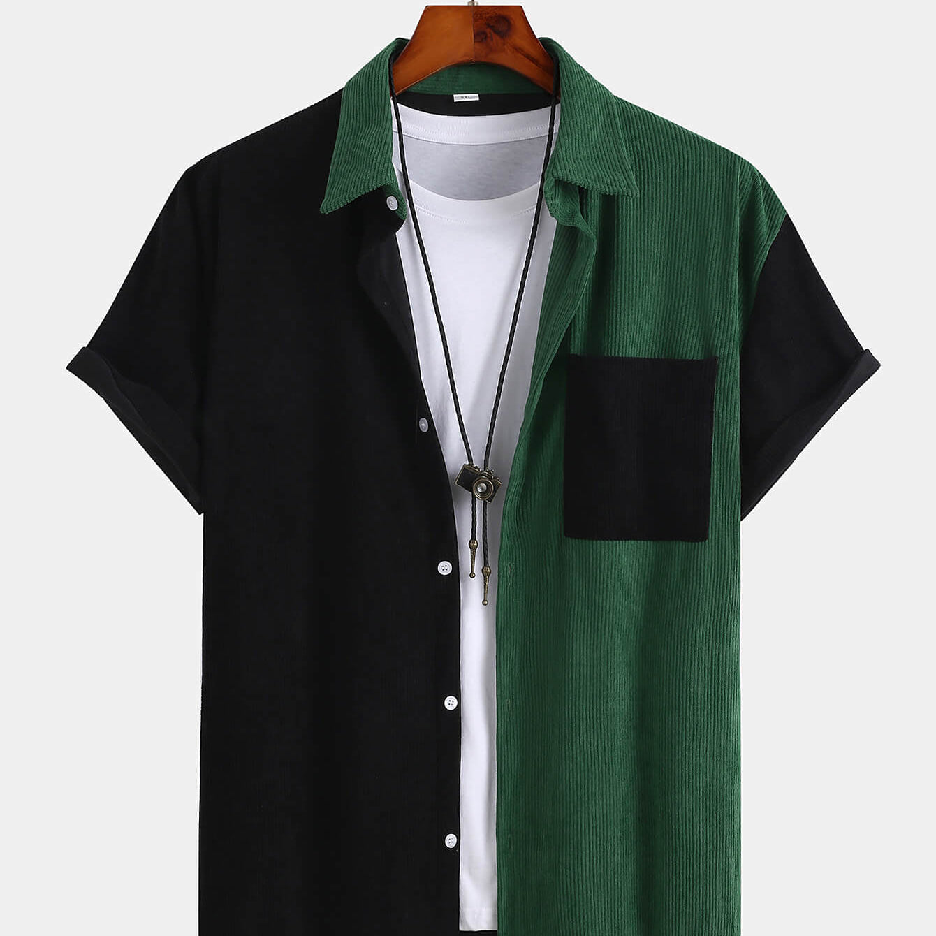 Mens Corduroy Patchwork Short Sleeve Button Up Collared Shirt