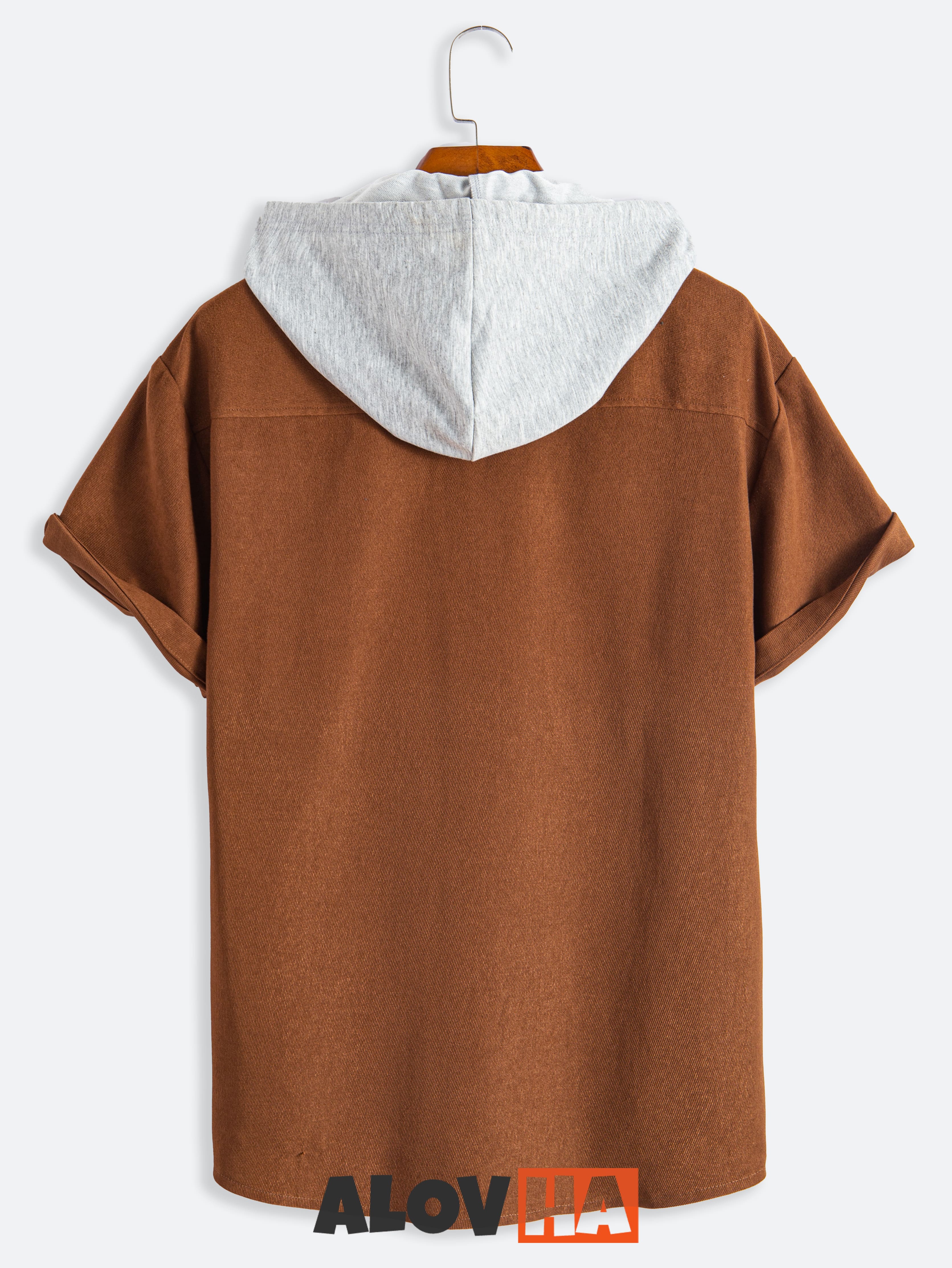 Casual Brown Double Pocket Short Sleeve Hoodie