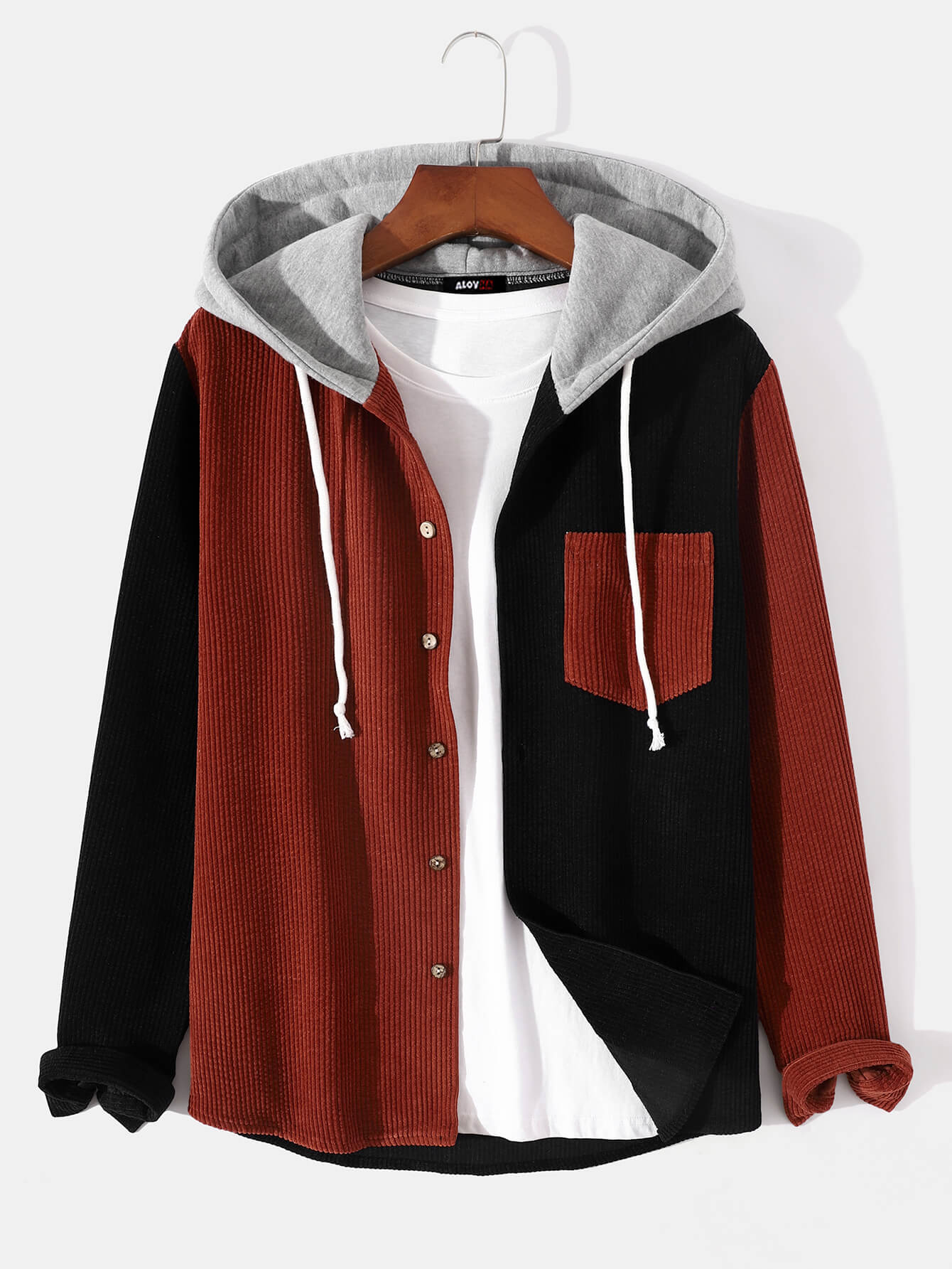 Casual Patchwork Corduroy Long-Sleeve Hoodie