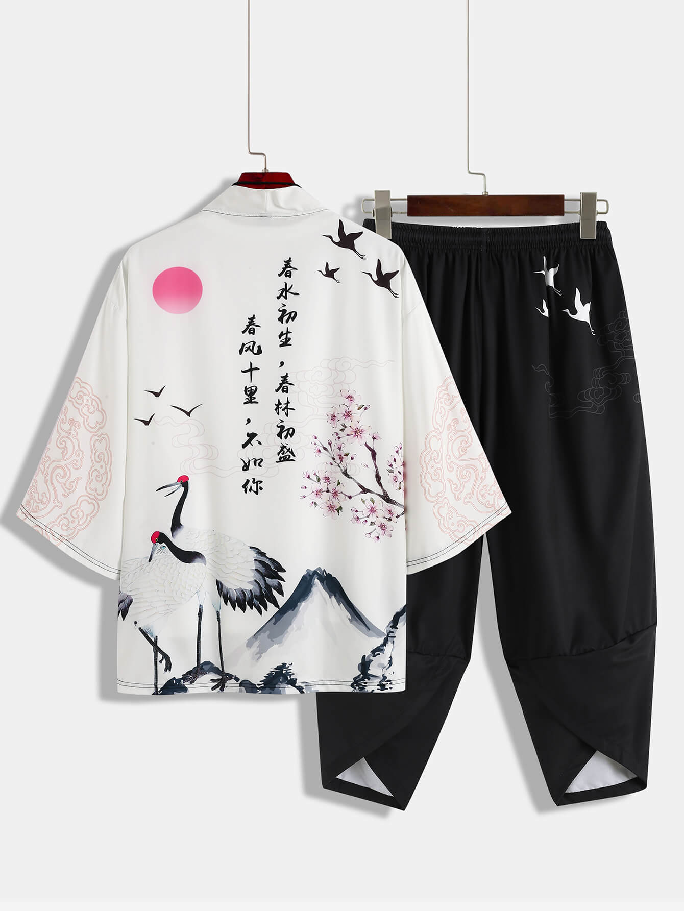 Chinese Characters Crane Sakura Pattern Two-Piece Cardigan Kimono with Shorts Set