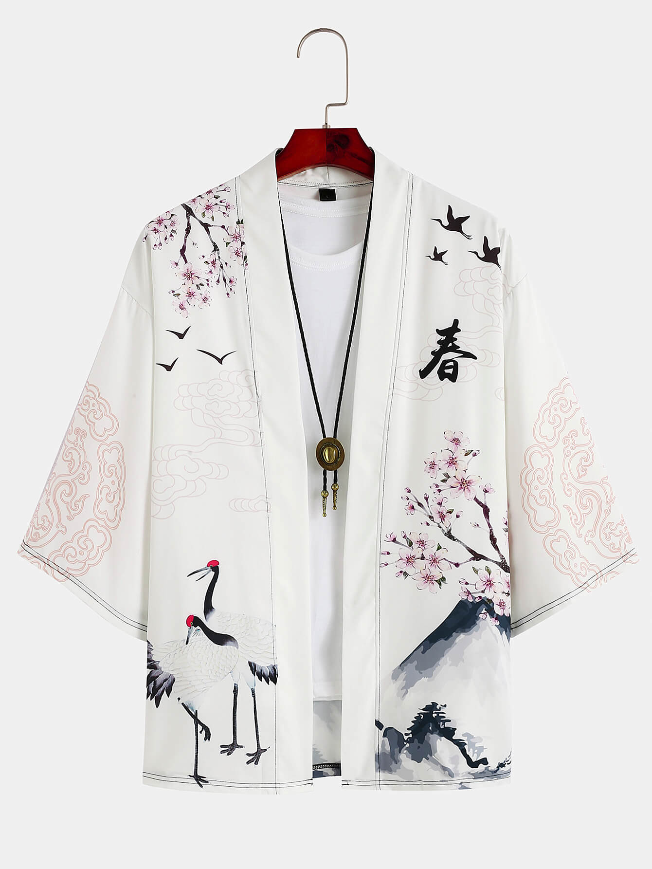 Chinese Characters Crane Sakura Pattern Two-Piece Cardigan Kimono with Shorts Set