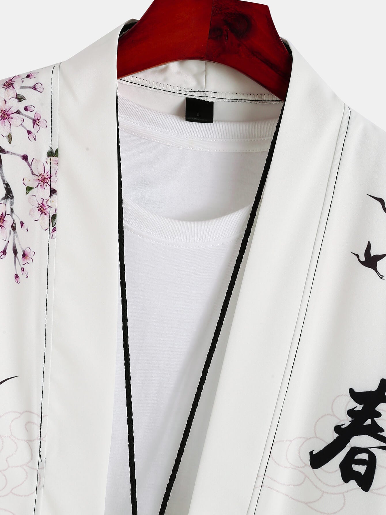 Chinese Characters Crane Sakura Pattern Two-Piece Cardigan Kimono with Shorts Set