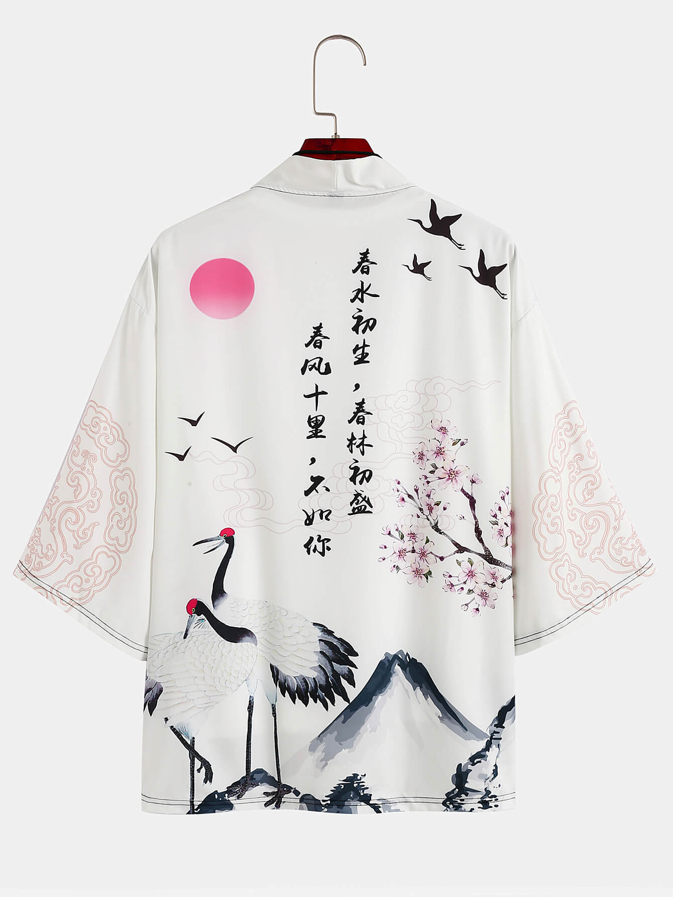 Chinese Characters Crane Sakura Pattern Two-Piece Cardigan Kimono with Shorts Set