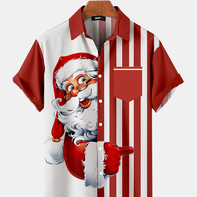 Christmas Santa Claus Stripe Patchwork Print Shirt