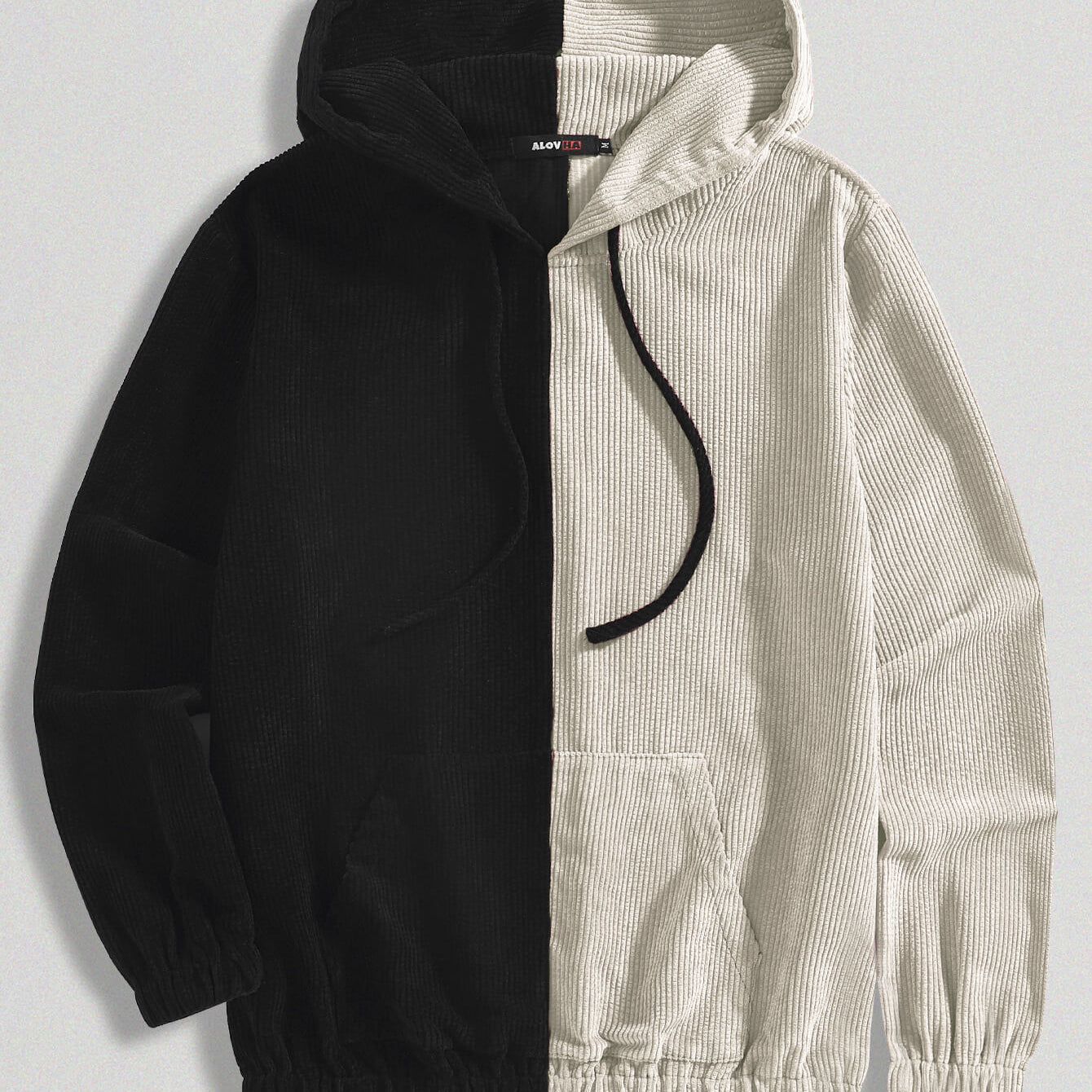 Corduroy Black And White Patchwork Pocket Hoodie