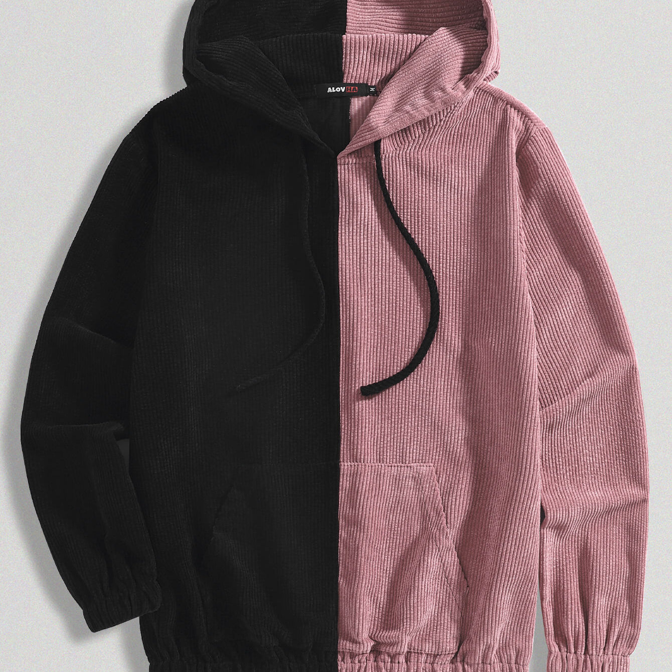 Corduroy Black And White Patchwork Pocket Hoodie
