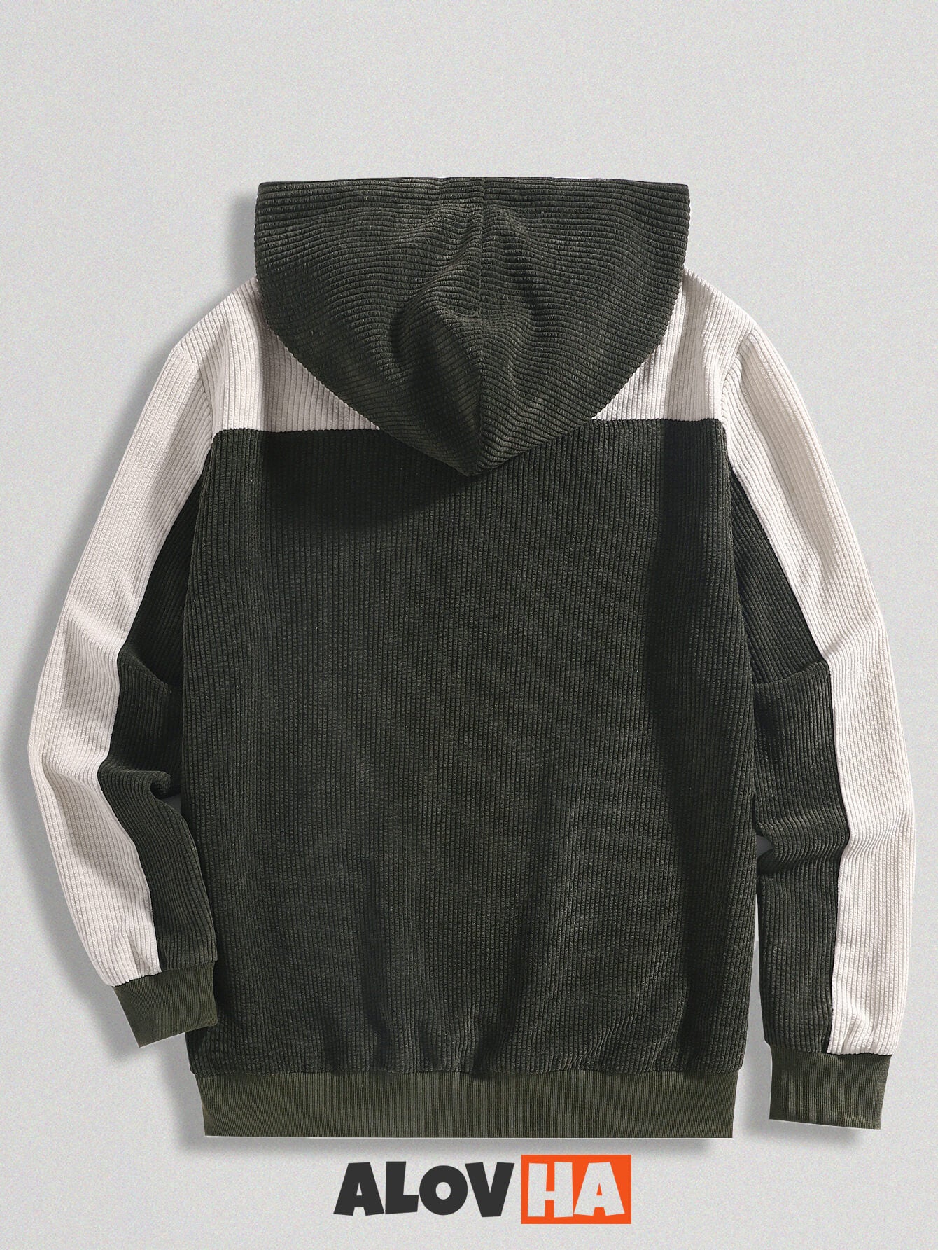 Corduroy Green And White Paneled Pocket Hoodie