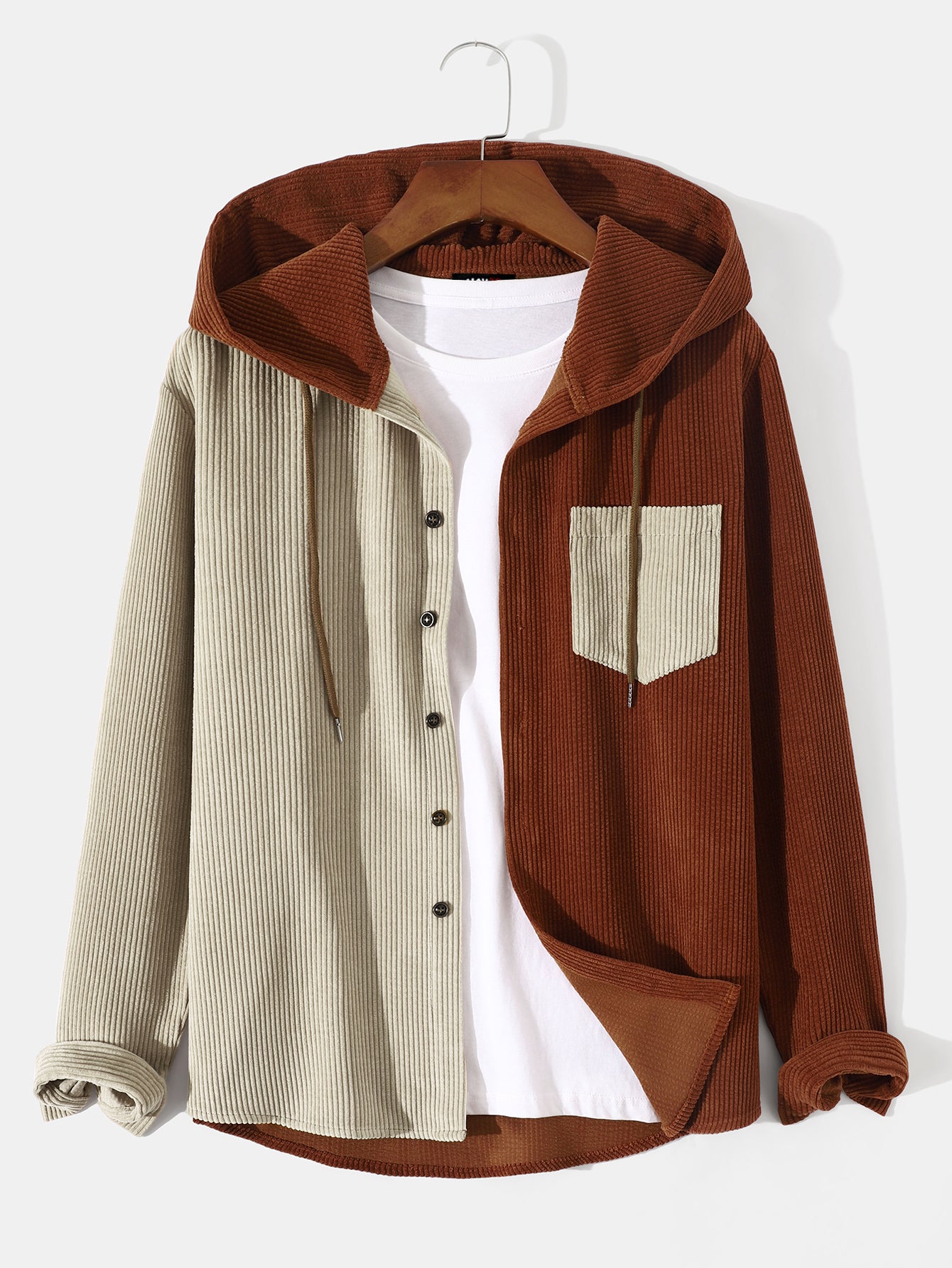 Corduroy Paneled Long-Sleeved Hoodie