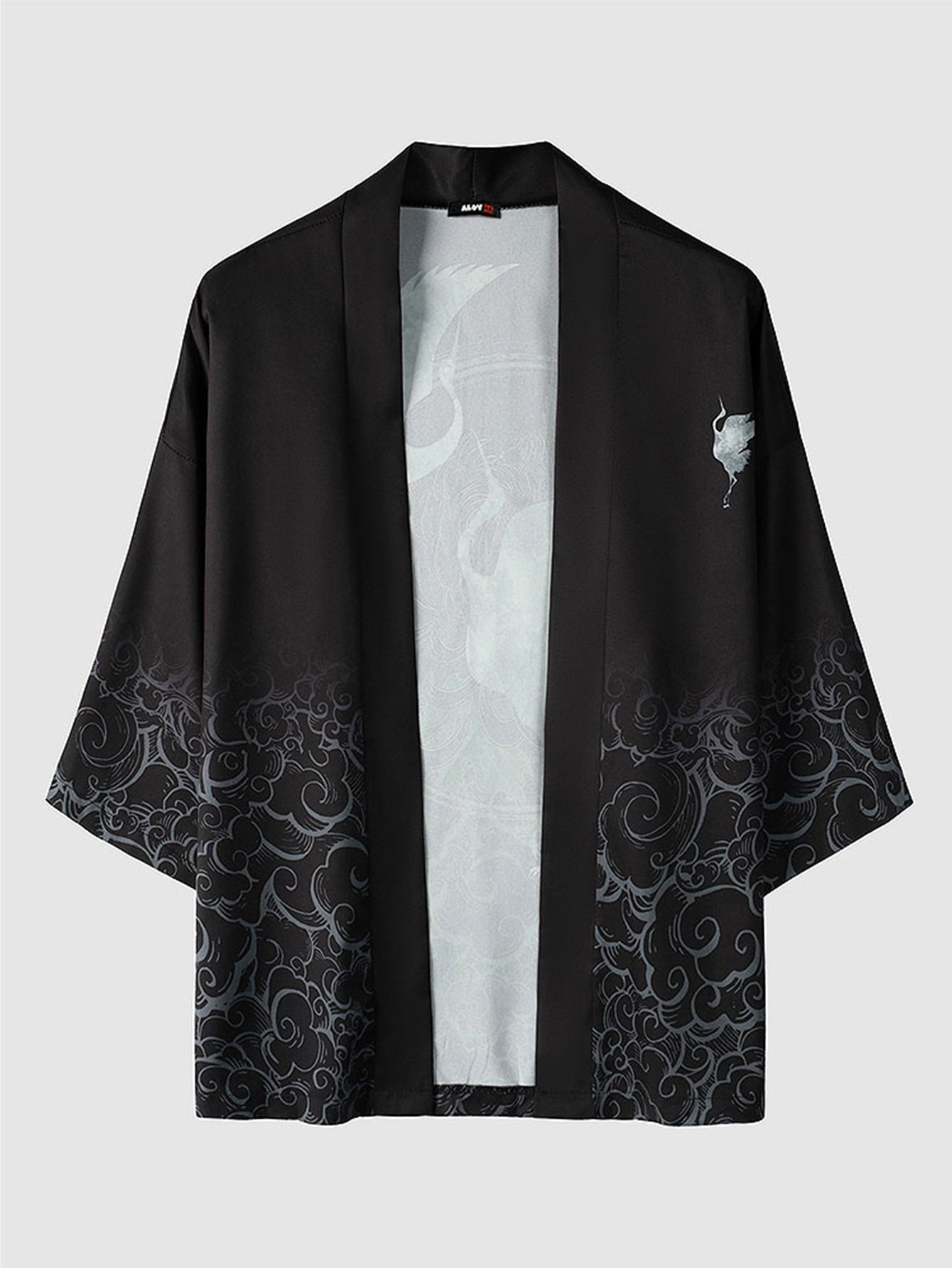 Mens Crane Printed Open Front Kimono with Shorts Set