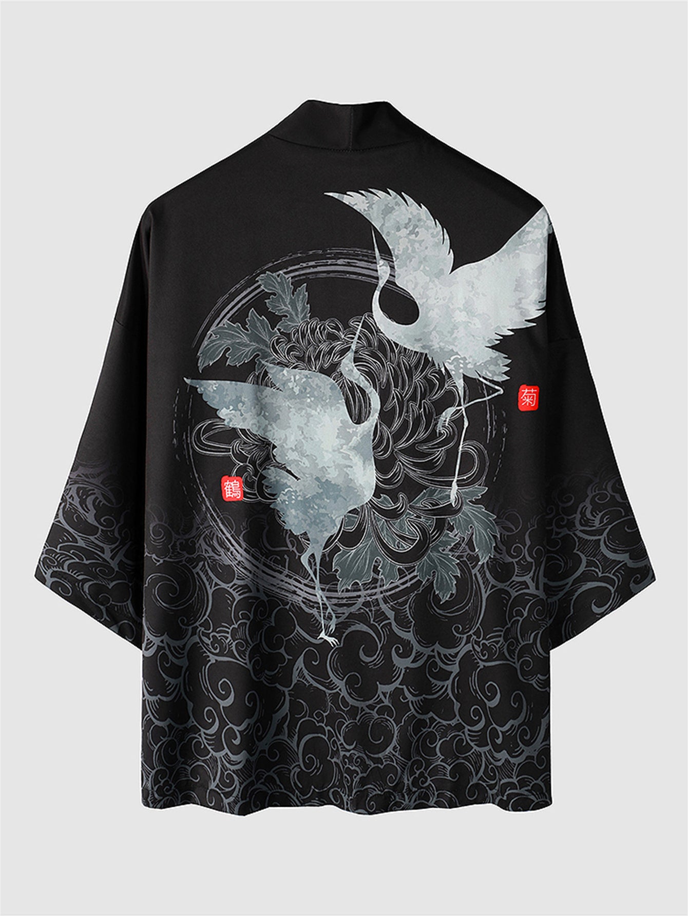 Mens Crane Printed Open Front Kimono with Shorts Set