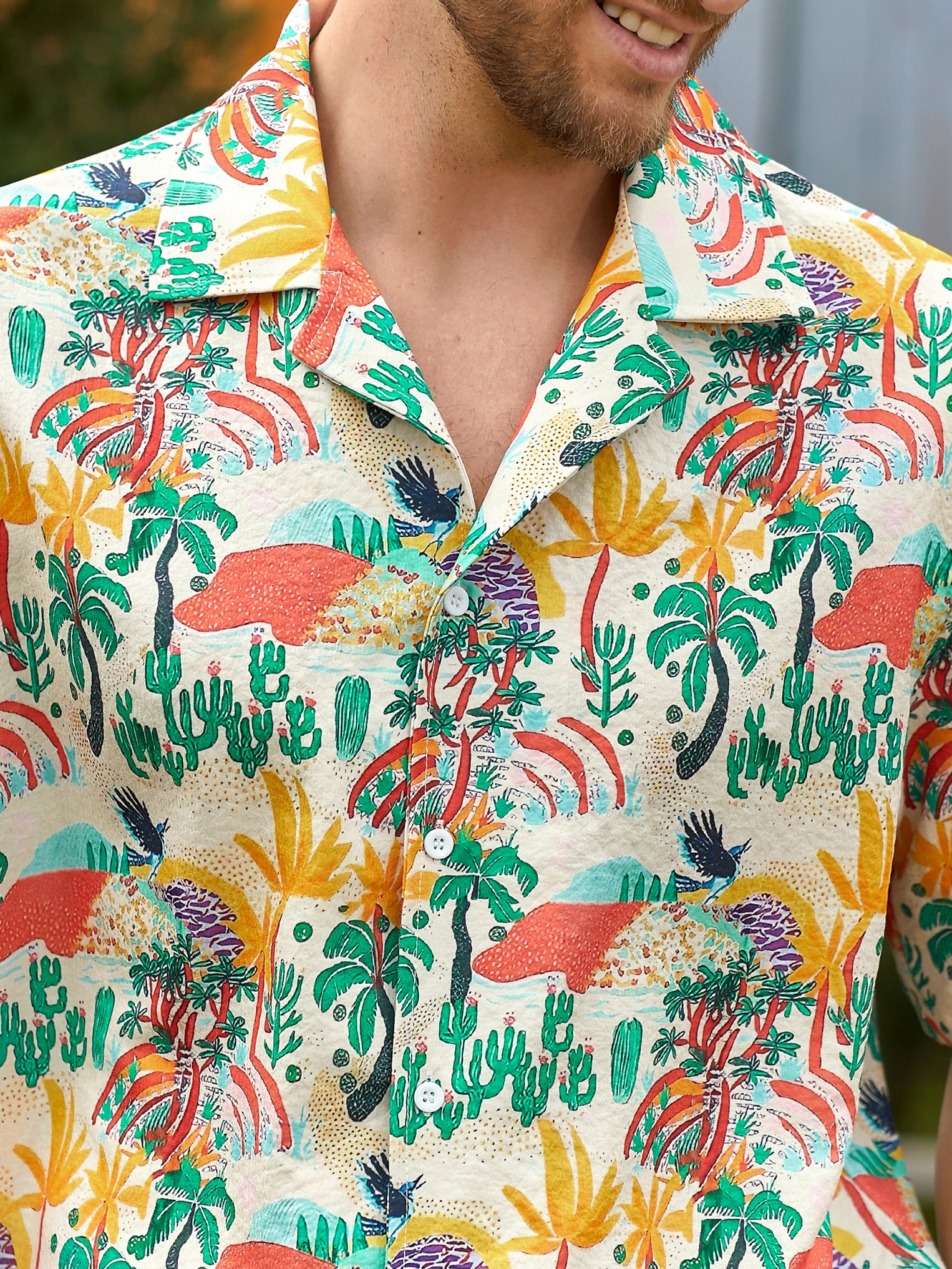 Hawaiian Cactus Coconut Tree Print Textured Shirt