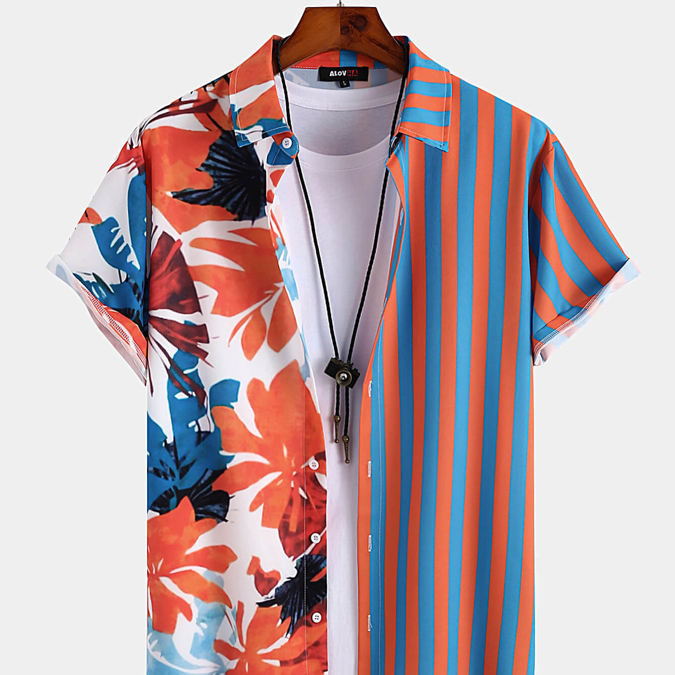 Hawaiian Leaf Stripe Panel Shirt
