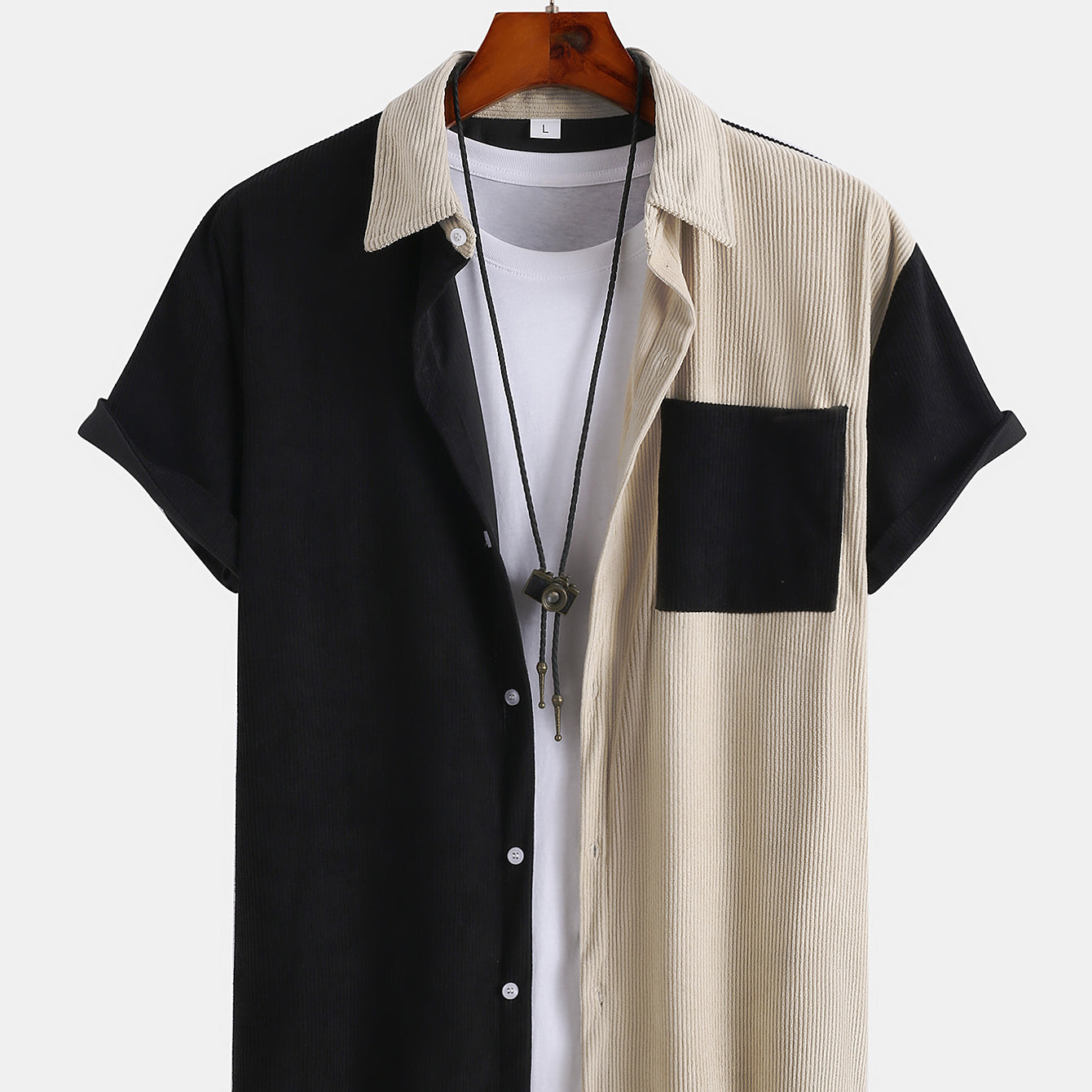 Mens Corduroy Patchwork Short Sleeve Button Up Collared Shirt
