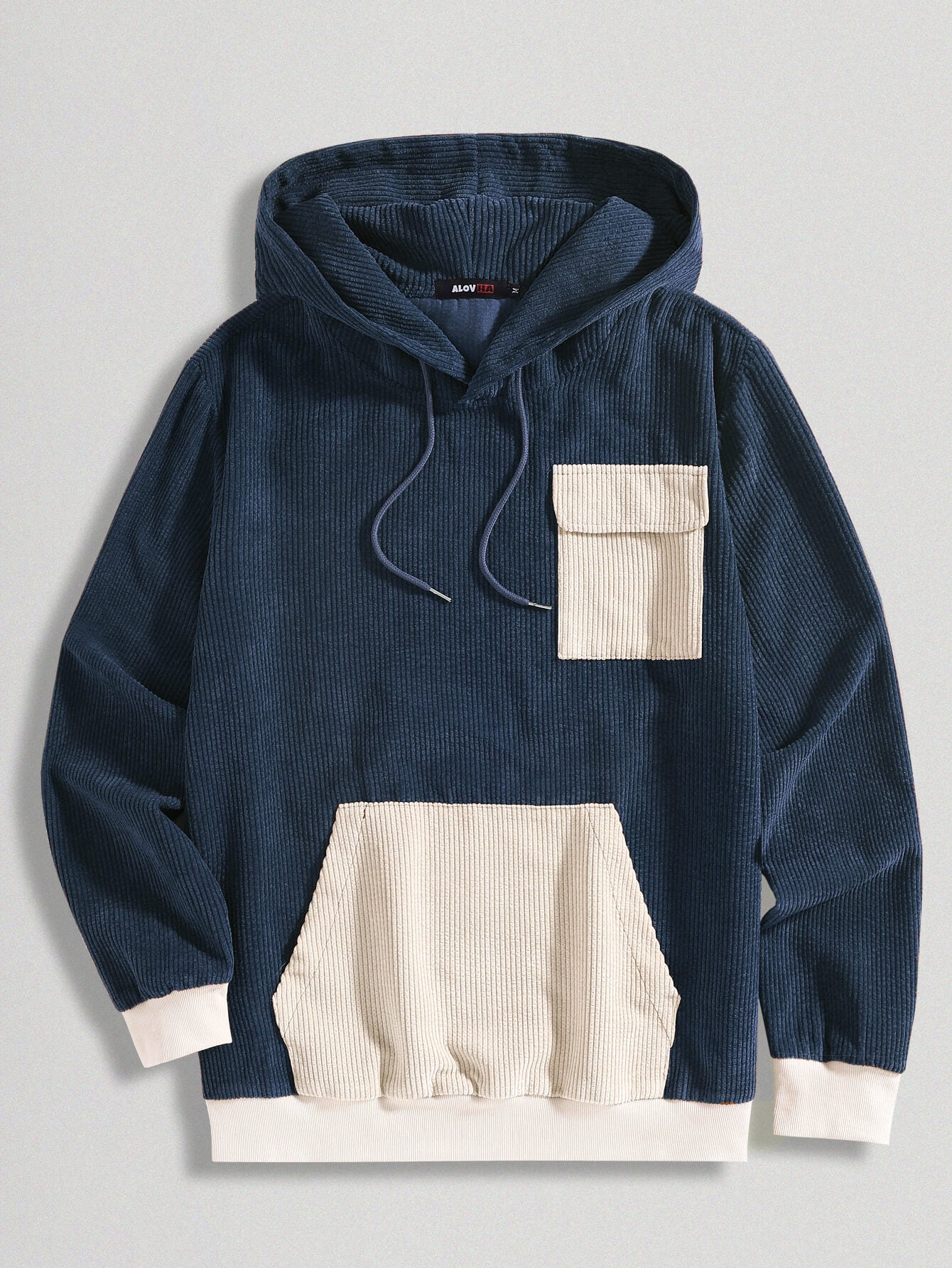 Men Patchwork Corduroy Kangaroo Sweatshirt Hoodie