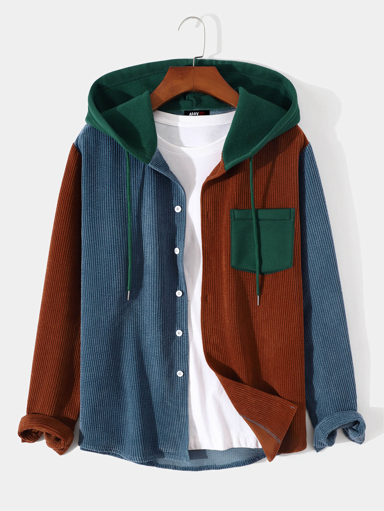 Men's Contrast Patchwork Corduroy Long Sleeve Hoodie