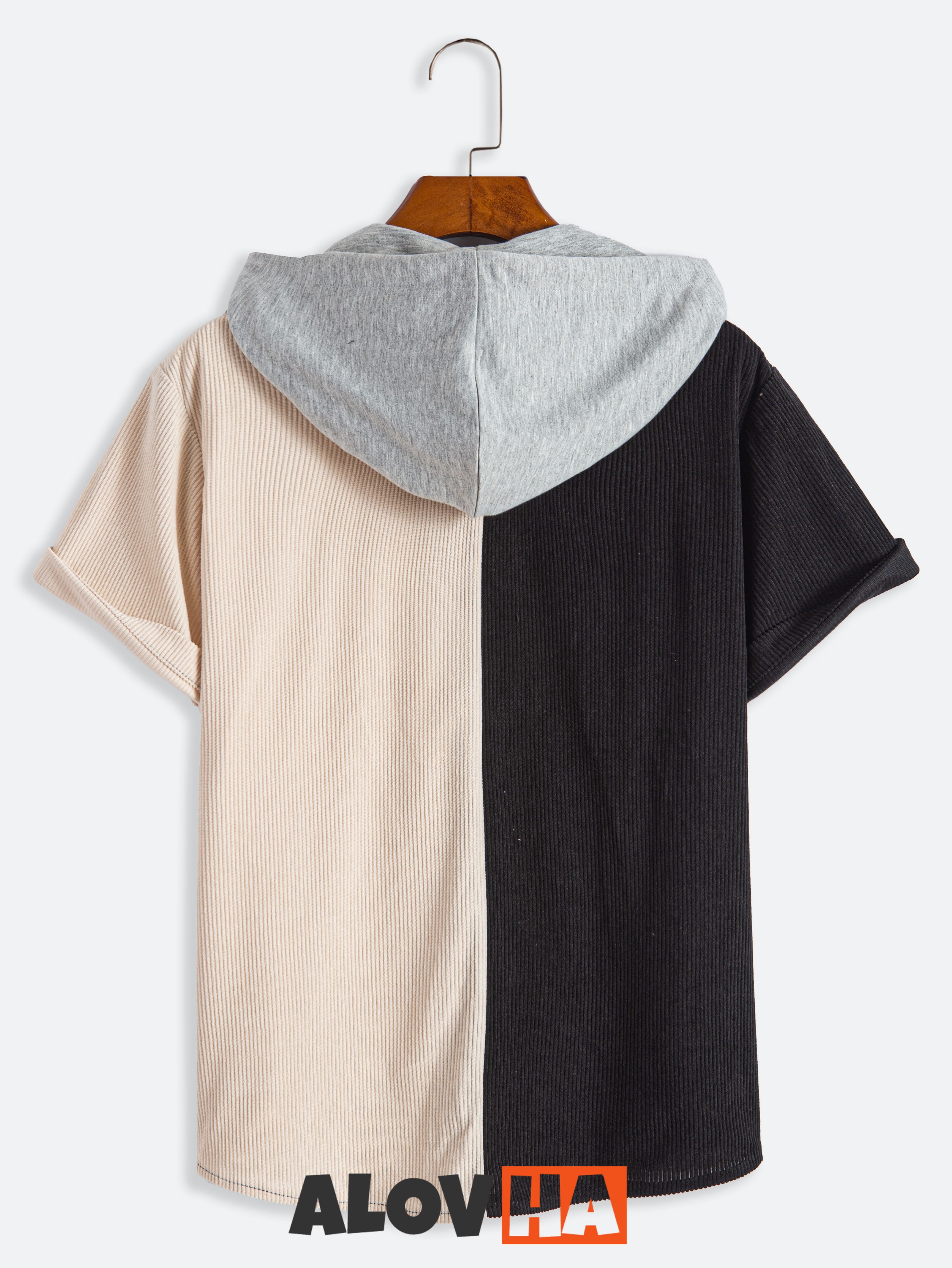 Men's Corduroy Black And White Patchwork Short Sleeve Hoodie
