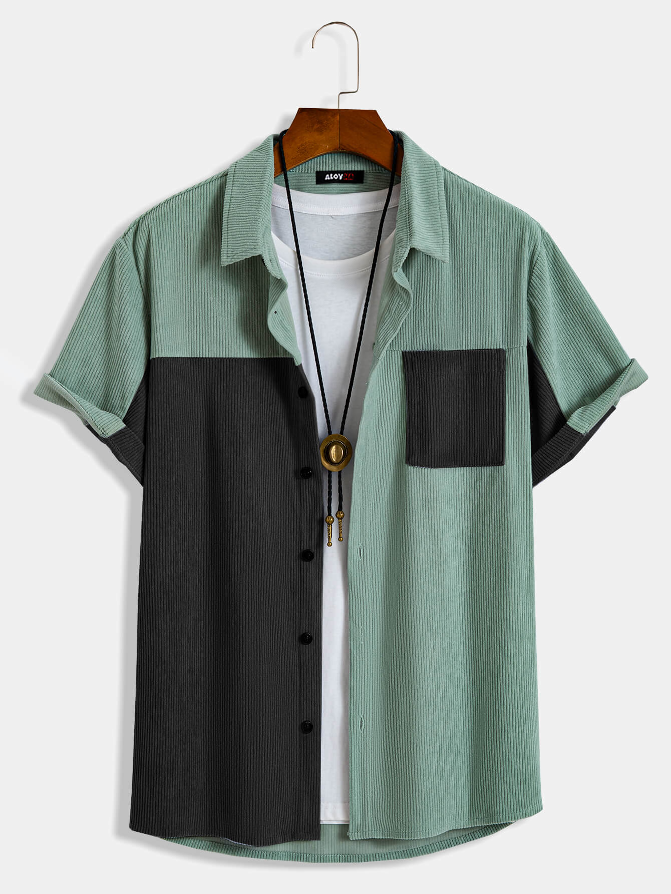 Men's Corduroy Black and Green Colorblock Short Sleeve Button Up Shirt