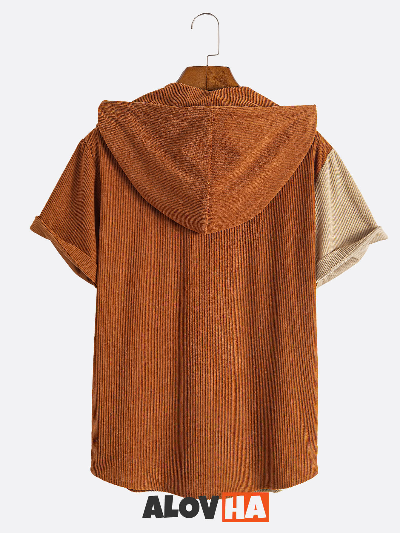 Men's Corduroy Paneled Short Sleeve Button Up Hoodie