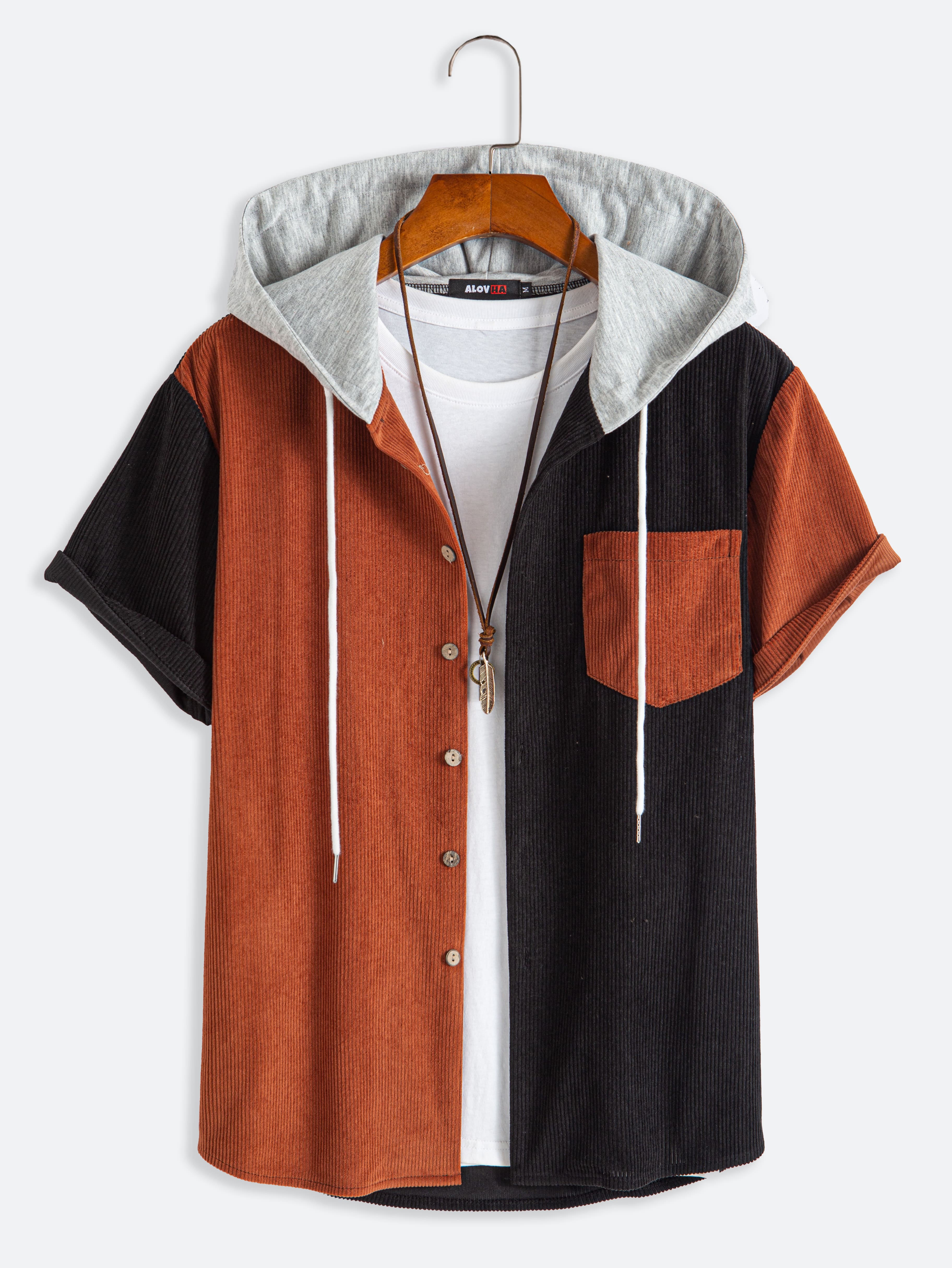 Men's Corduroy Patchwork Short Sleeve Button Up Hoodie