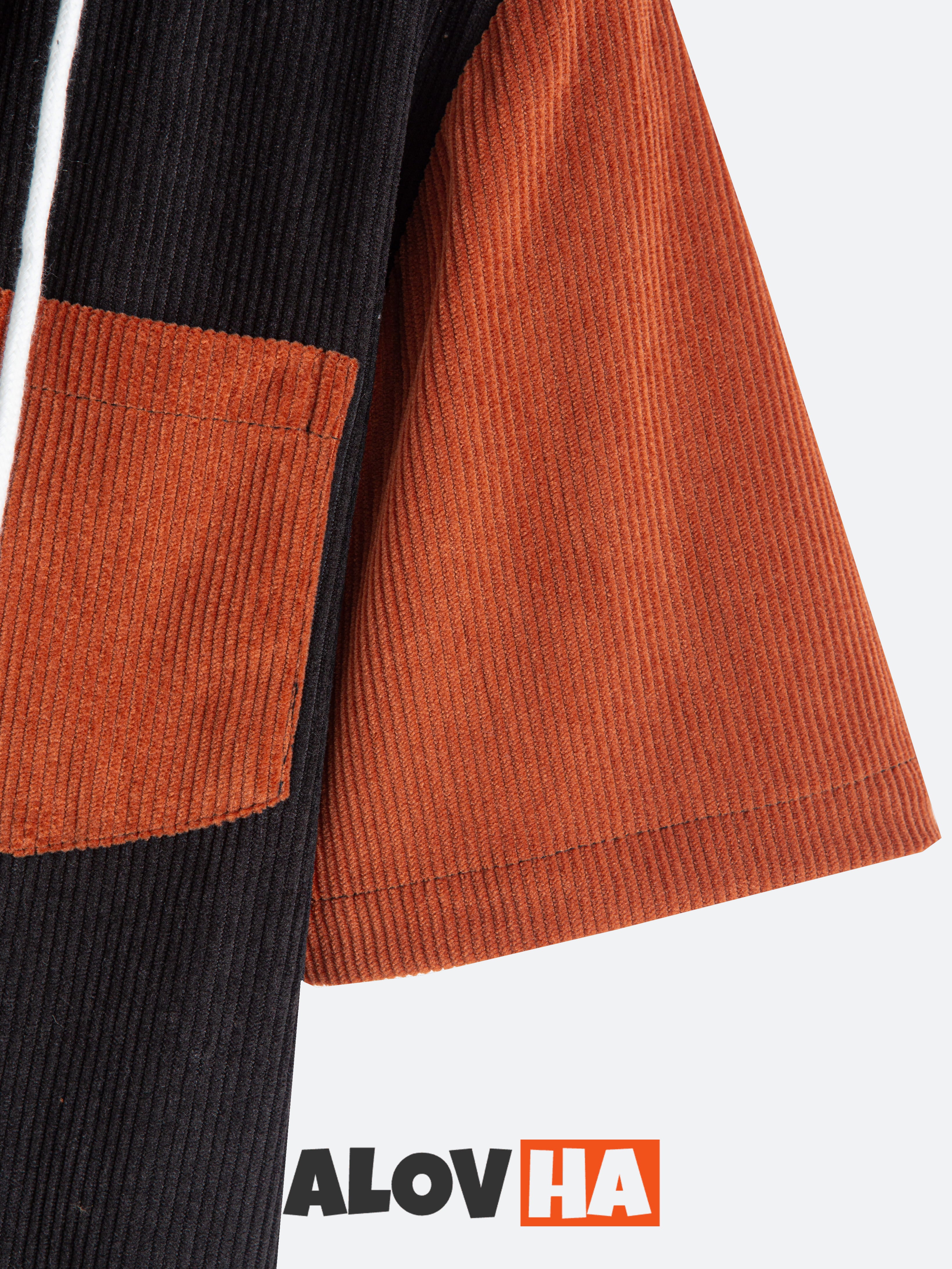 Men's Corduroy Patchwork Short Sleeve Button Up Hoodie