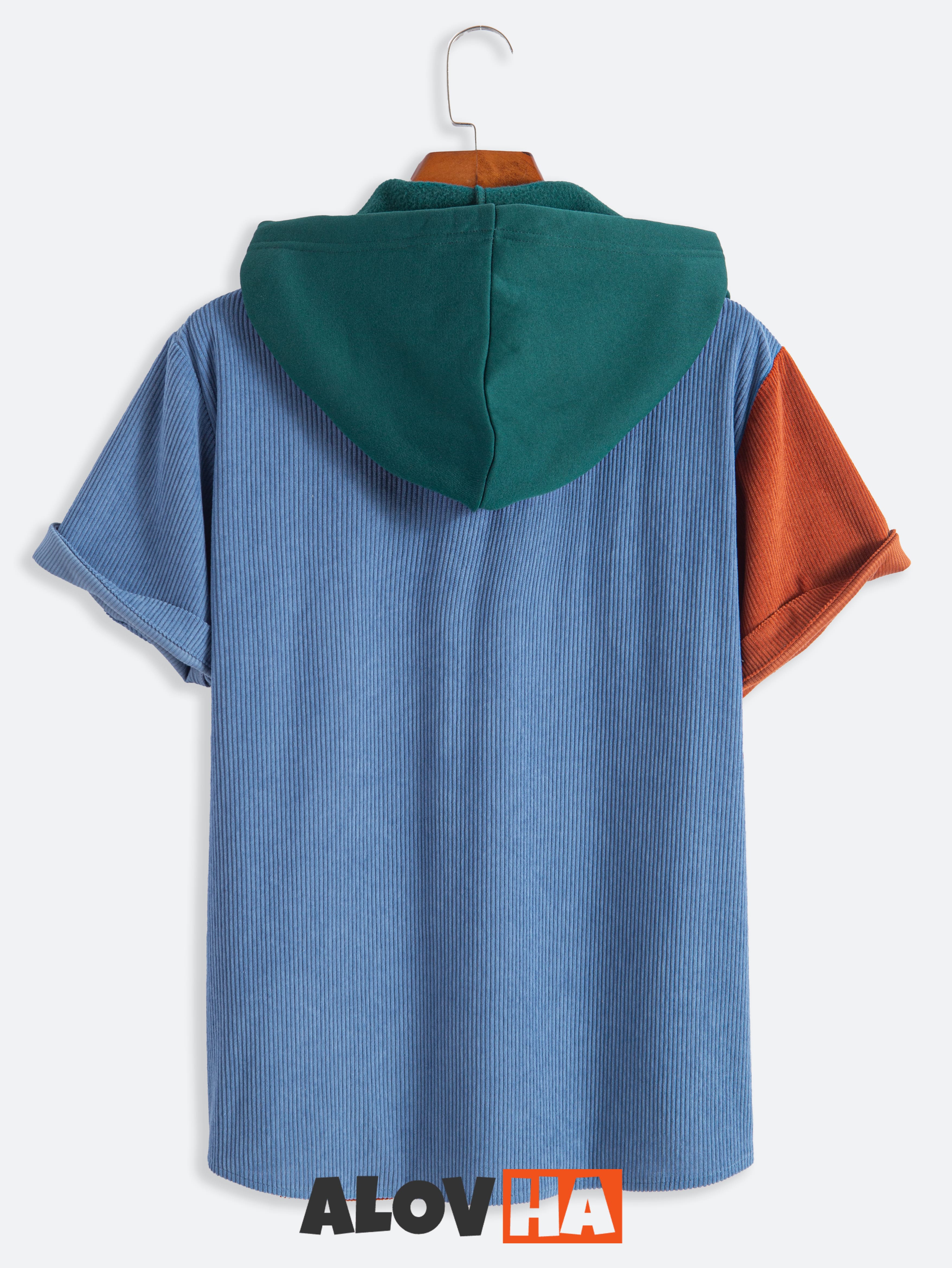 Men's Corduroy Patchwork Short Sleeve Hoodie