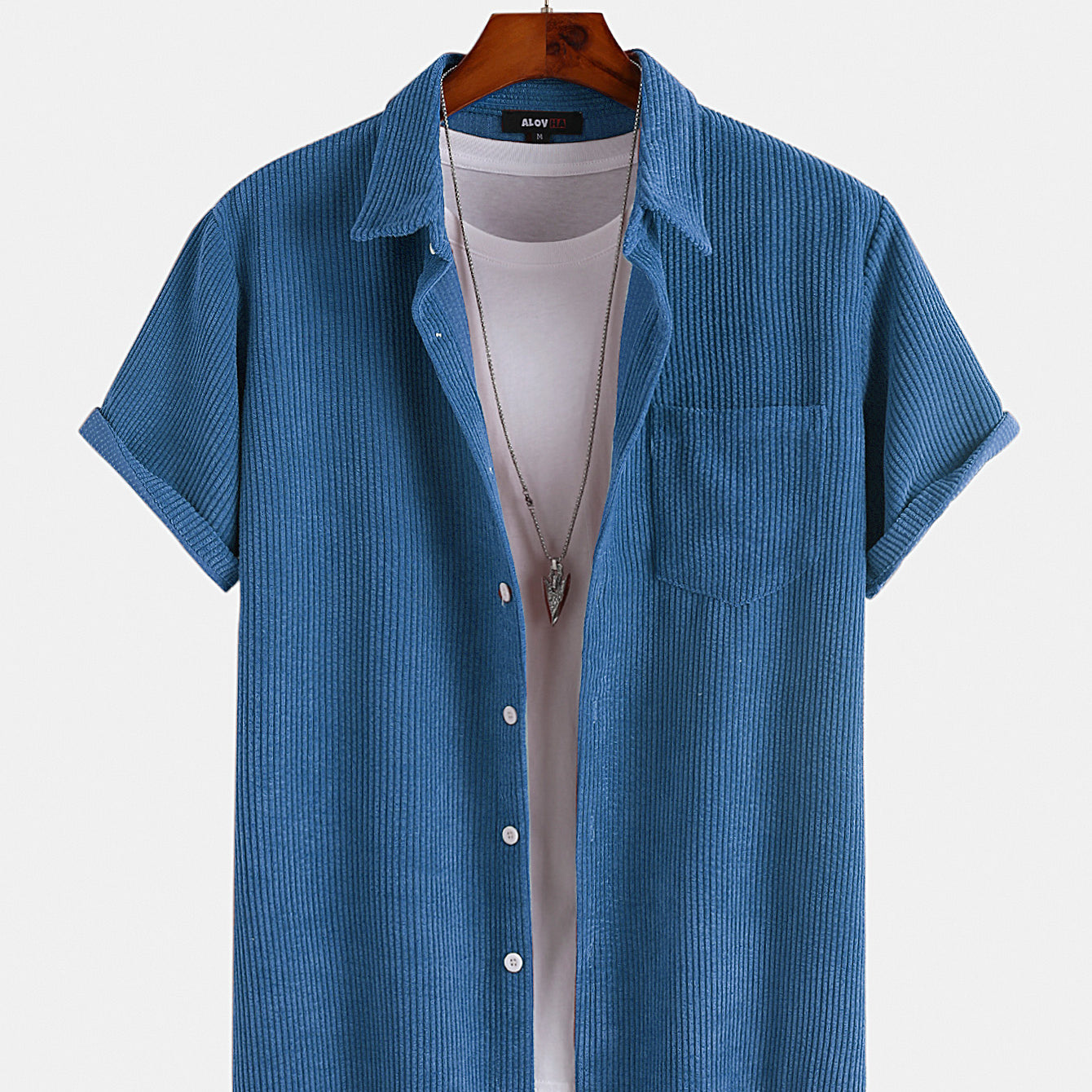 Mens Corduroy Plain Color Solid Short Sleeve Button Up Shirt