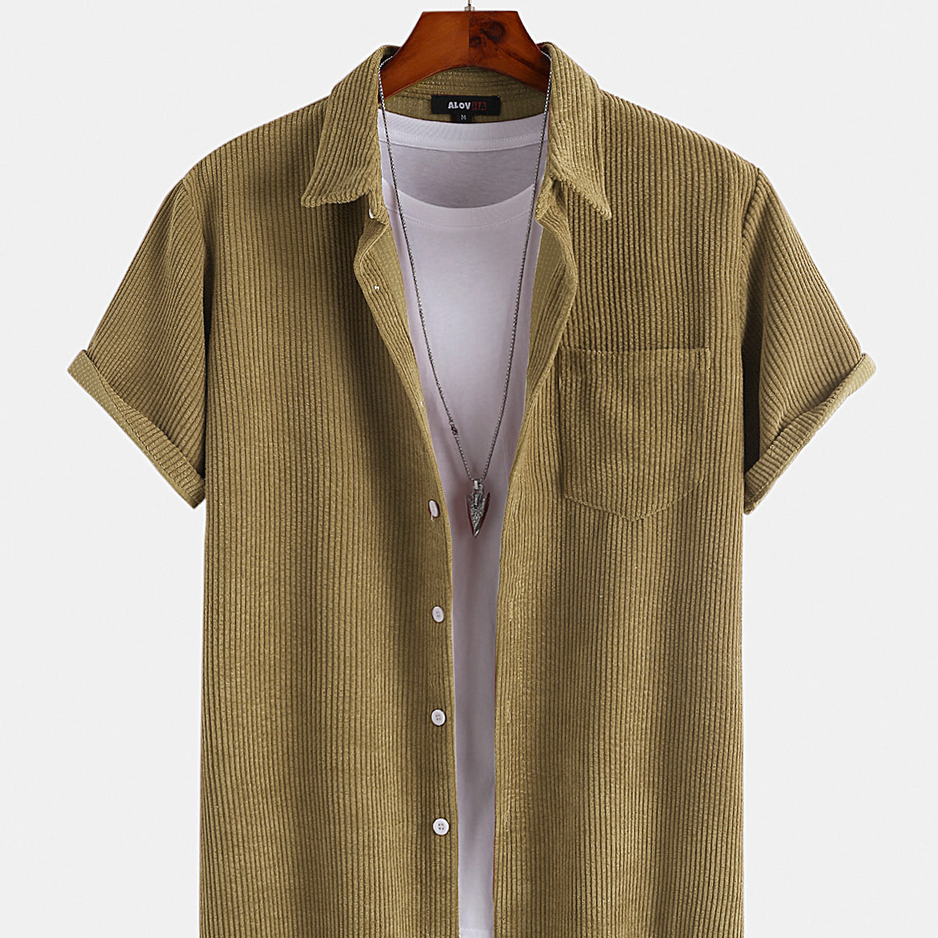 Mens Corduroy Plain Color Solid Short Sleeve Button Up Shirt