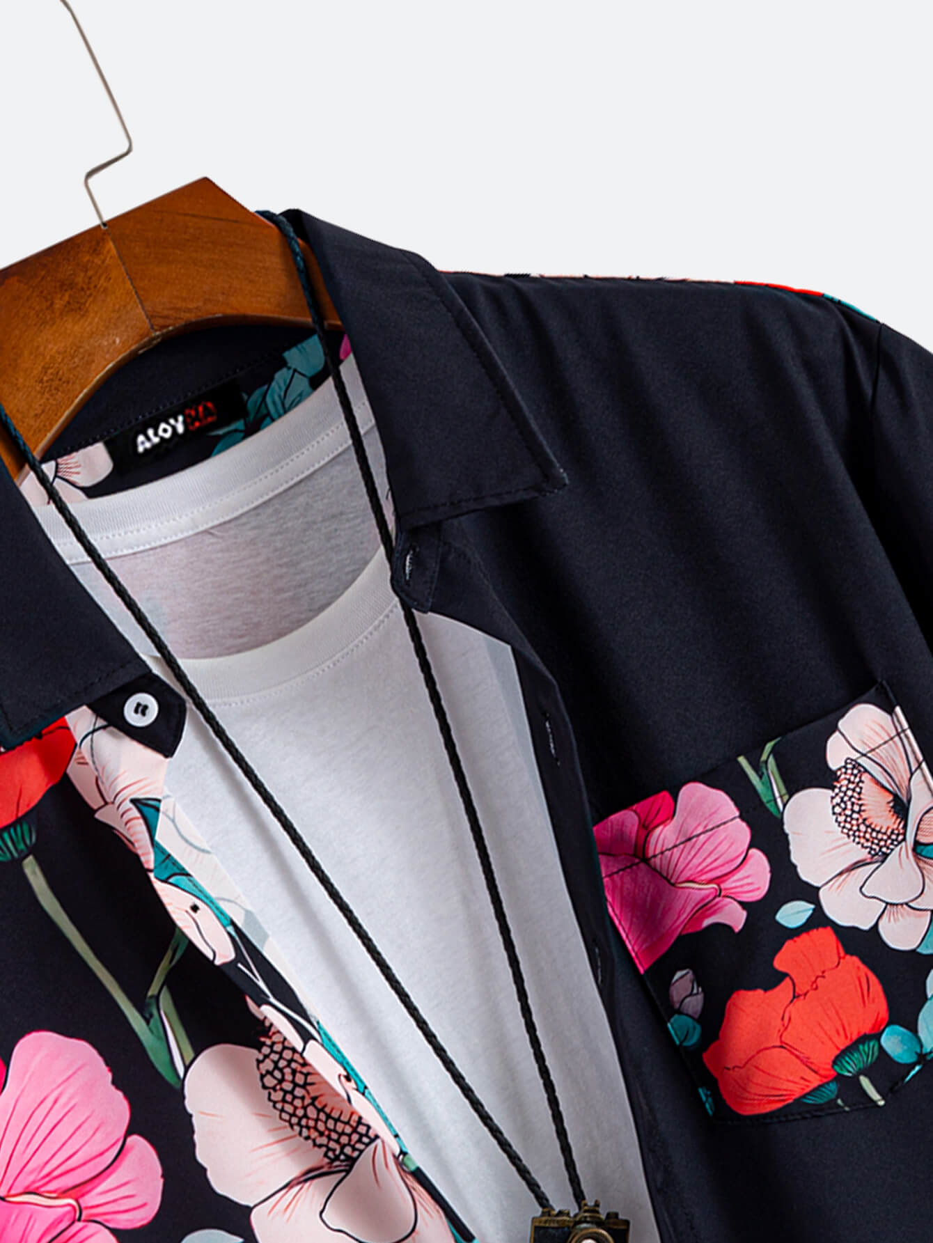 Men's Hawaiian Floral Patchwork Solid Button Up Resort Shirt