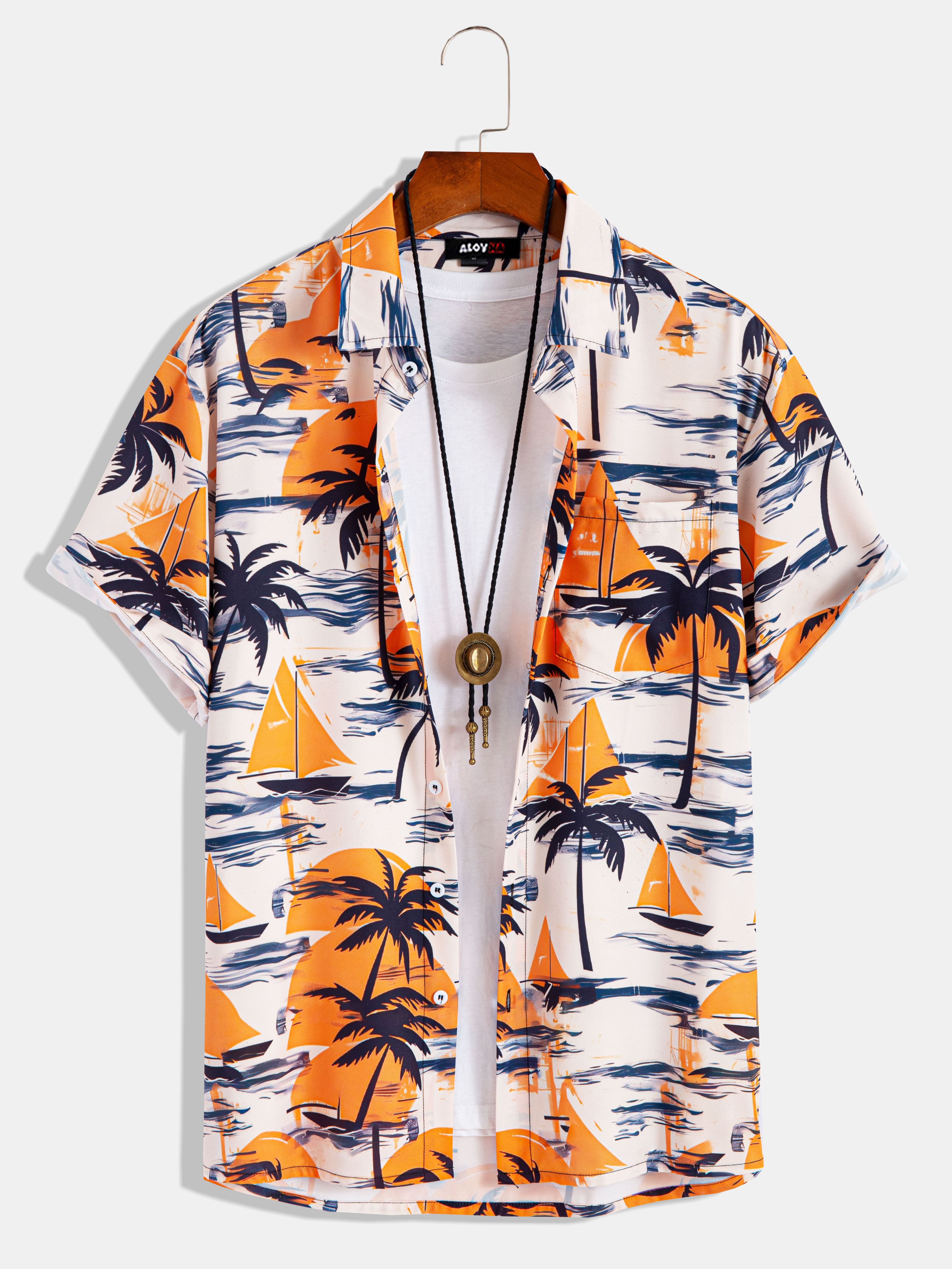 Men's Hawaiian Shirt Beach Sail Tree Print Button Up Shirt