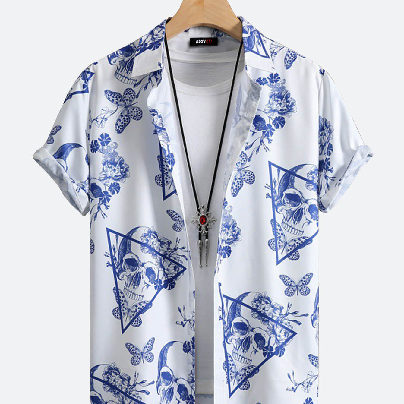 Men's Lapel Shirt Triangular Skull Print Short Sleeves