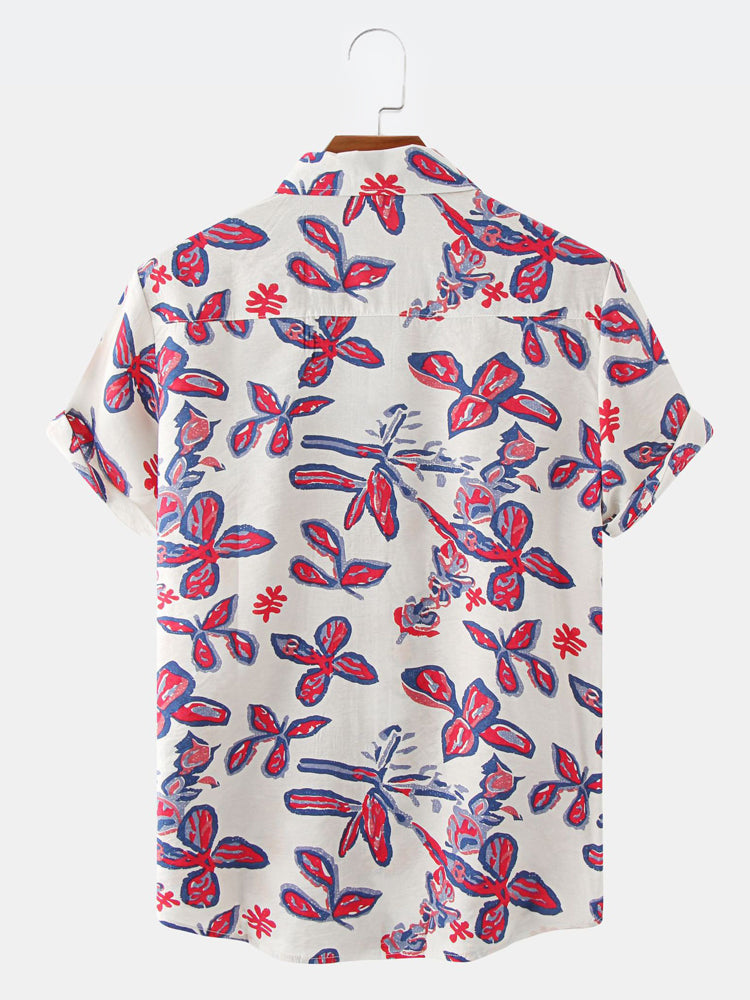 Mens Hawaiian Floral Short Sleeve Button Up Collared Aloha Vacation Shirt