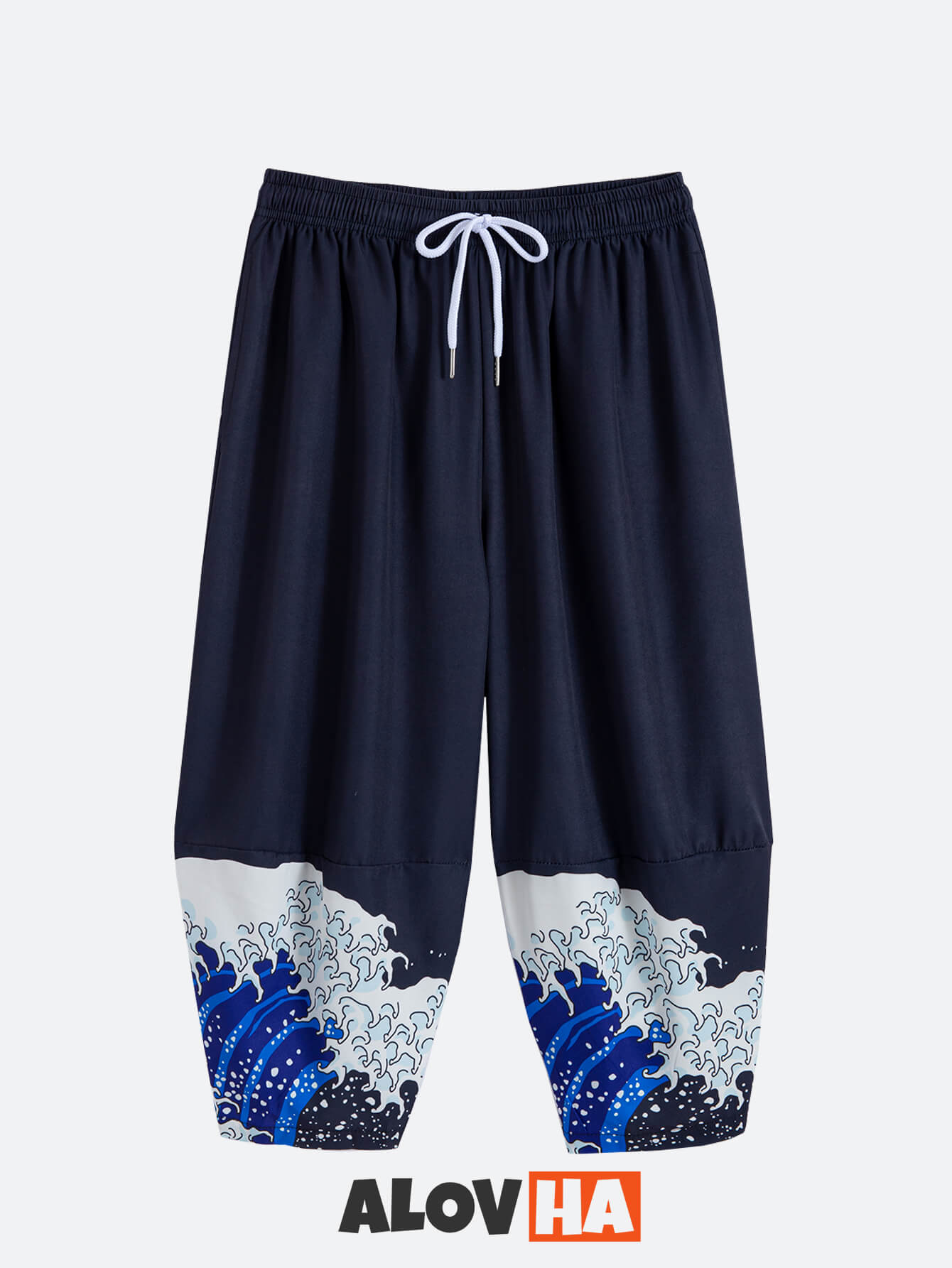 Mens Kimono Sea Waves Print Traditional Japanese Attire Silky Kimono and Pants Set