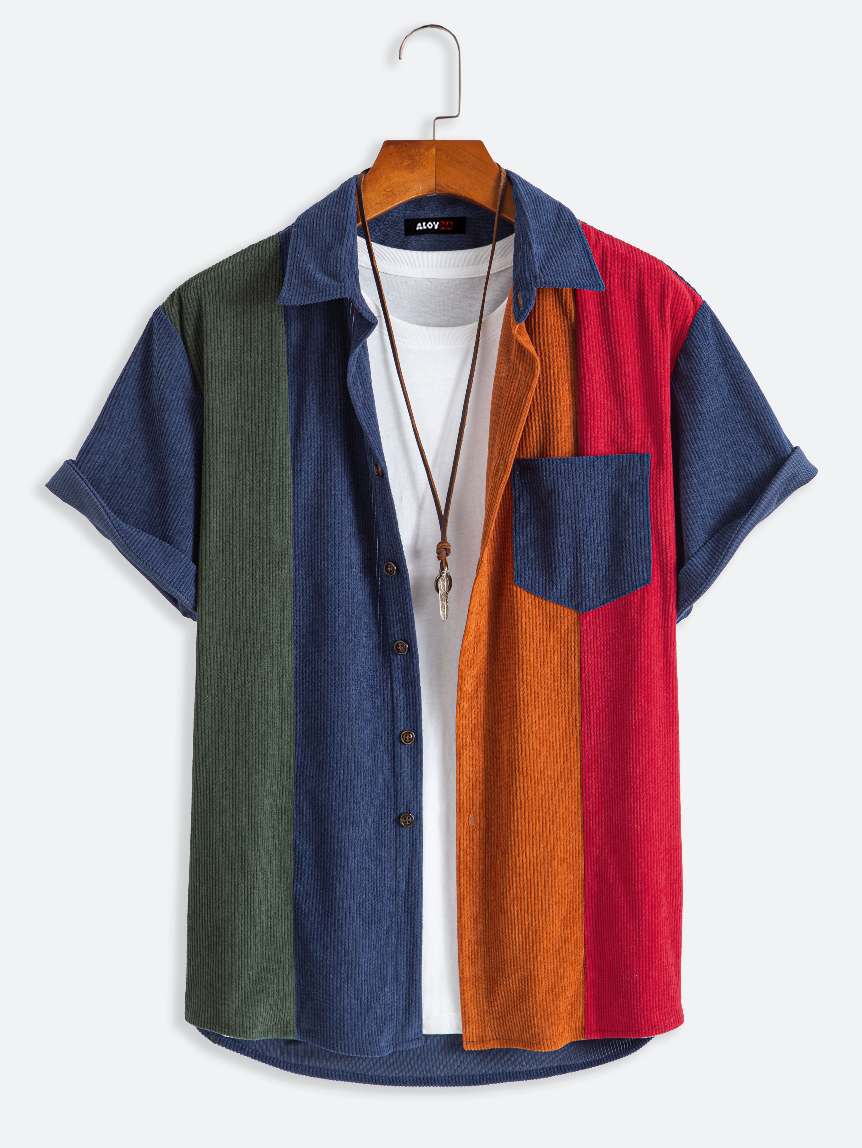 Mens Vintage Corduroy Striped Patchwork Short Sleeve Button Up Shirt Alovha